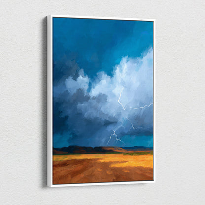 Lightning Storm Over Desert Canvas Wall Art – Dramatic Sky Landscape Painting Print for Modern Rustic Decor