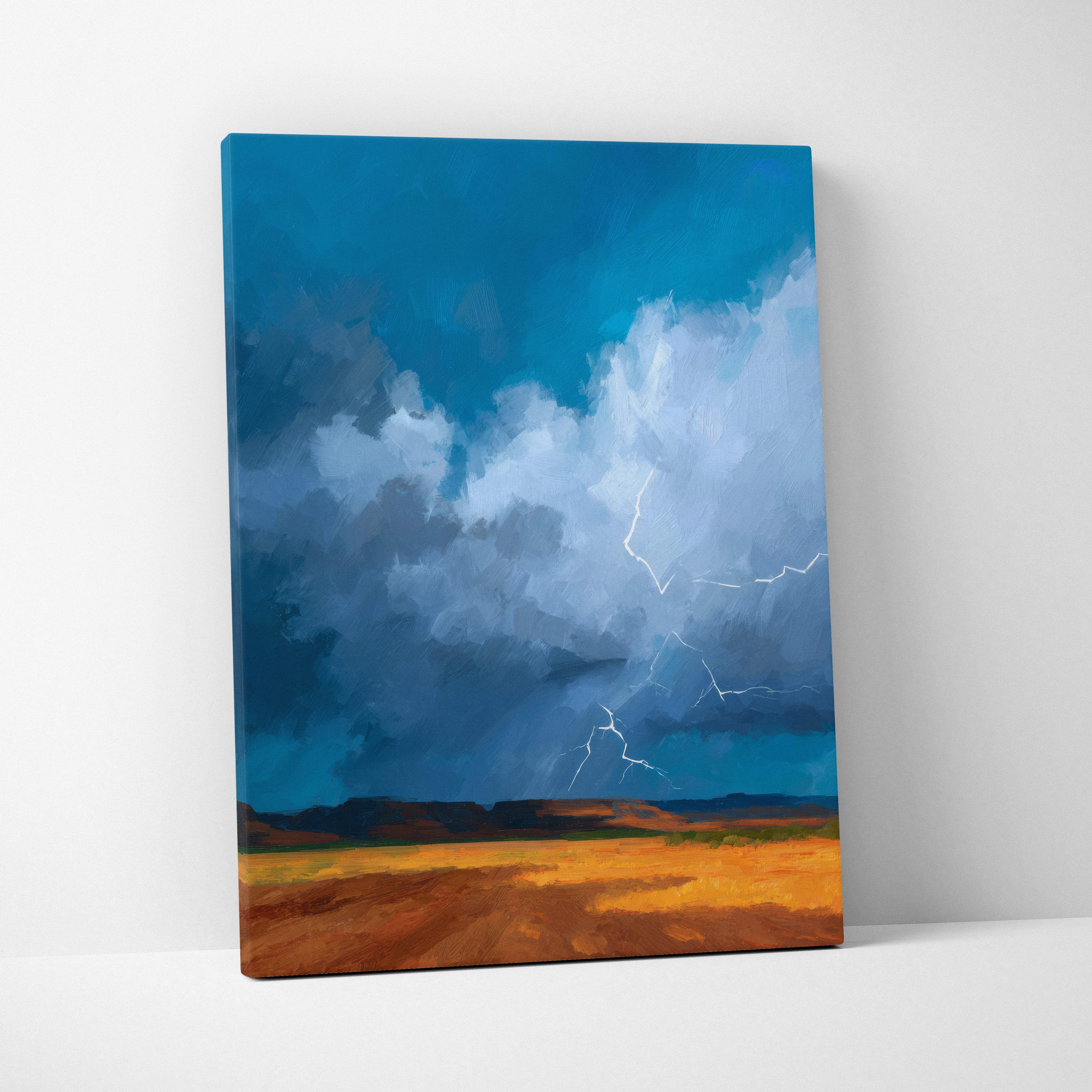 Canvas painting of a dramatic stormy sky with blue and white clouds and lightning over a golden brown desert landscape