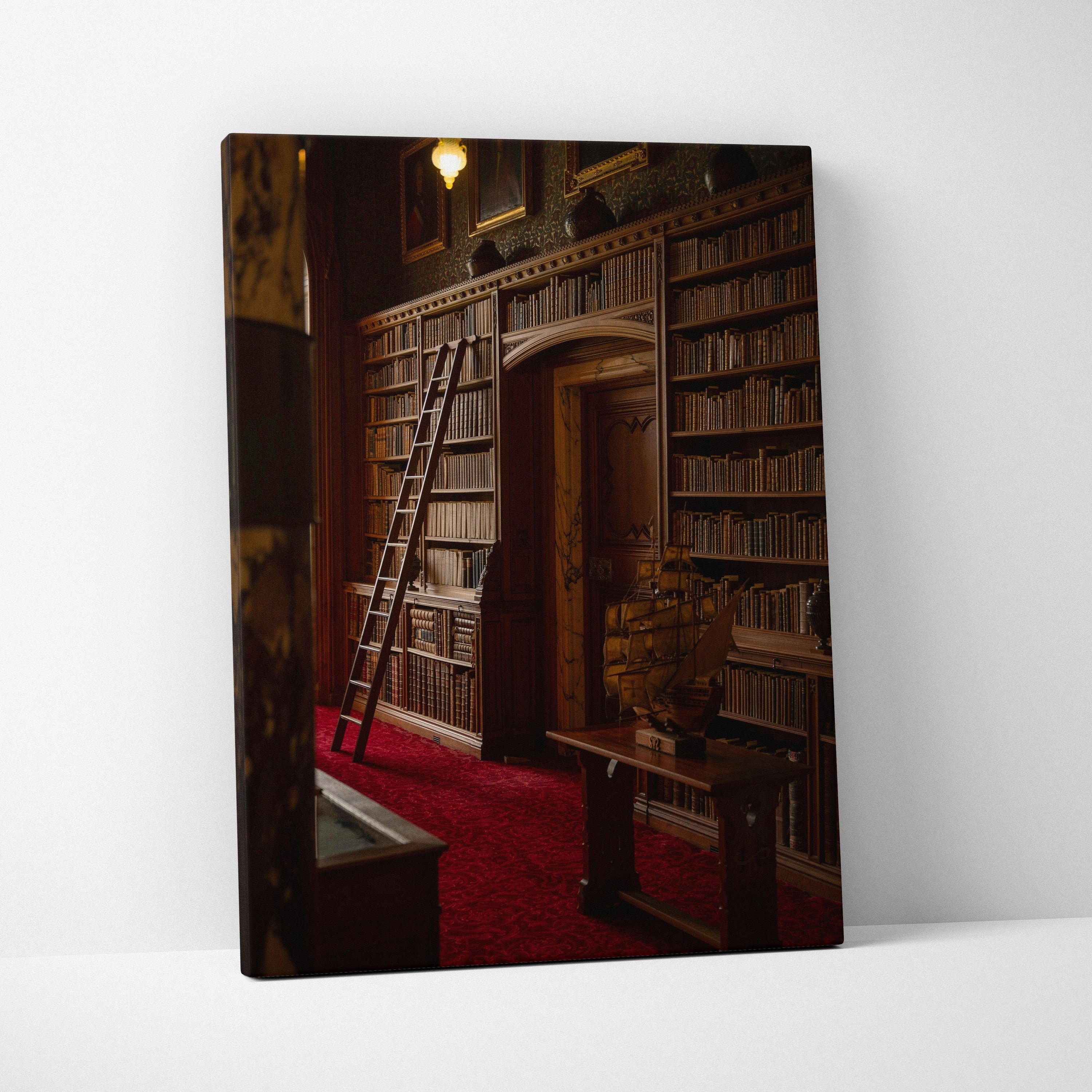 Vertical canvas wall art featuring a dimly lit vintage library with wooden shelves and a ladder.