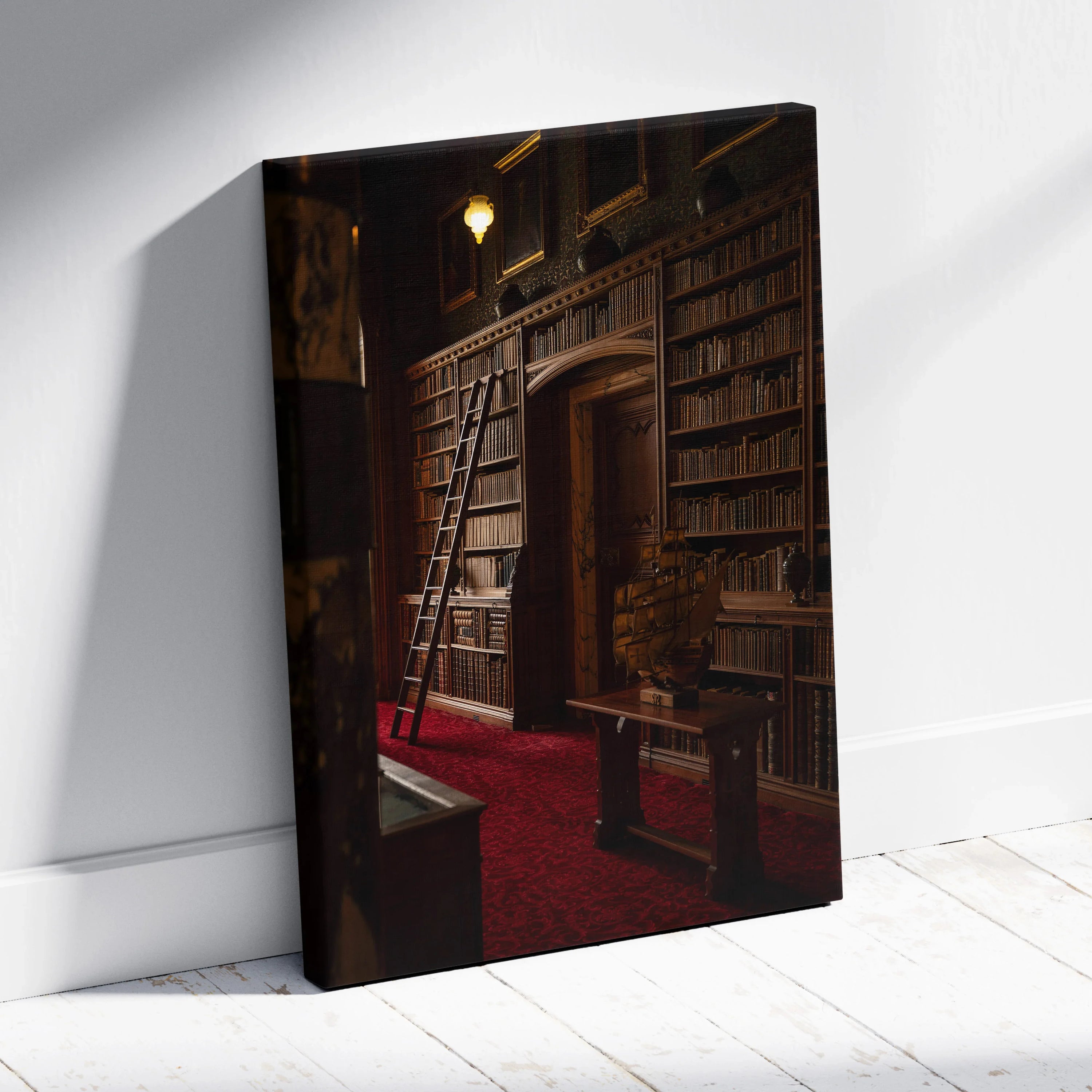 Dark cozy library scene with tall bookshelves and ladder on canvas wall art print.