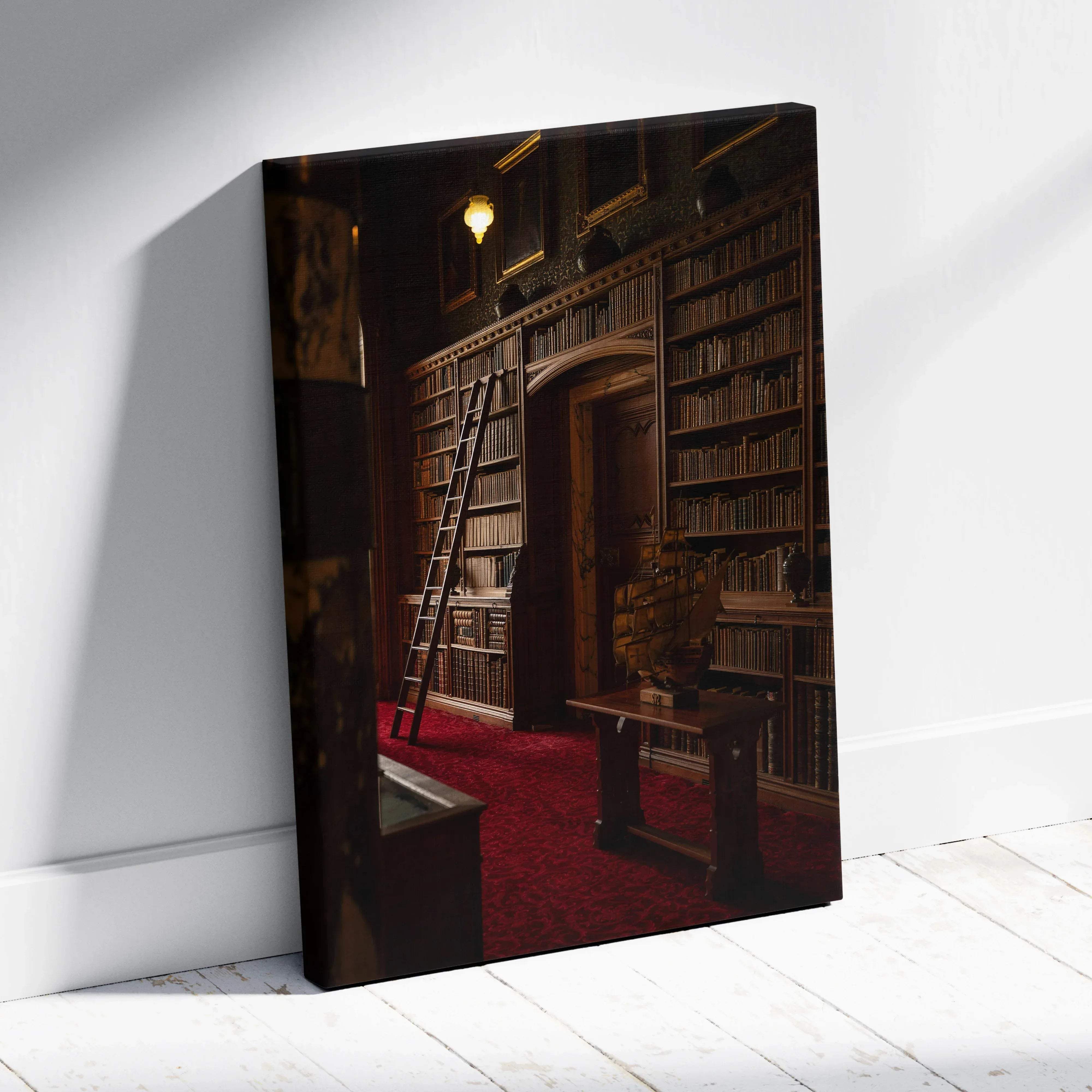 A rectangular canvas print of a vintage library interior with wooden bookshelves ladder and red carpet in warm ambience