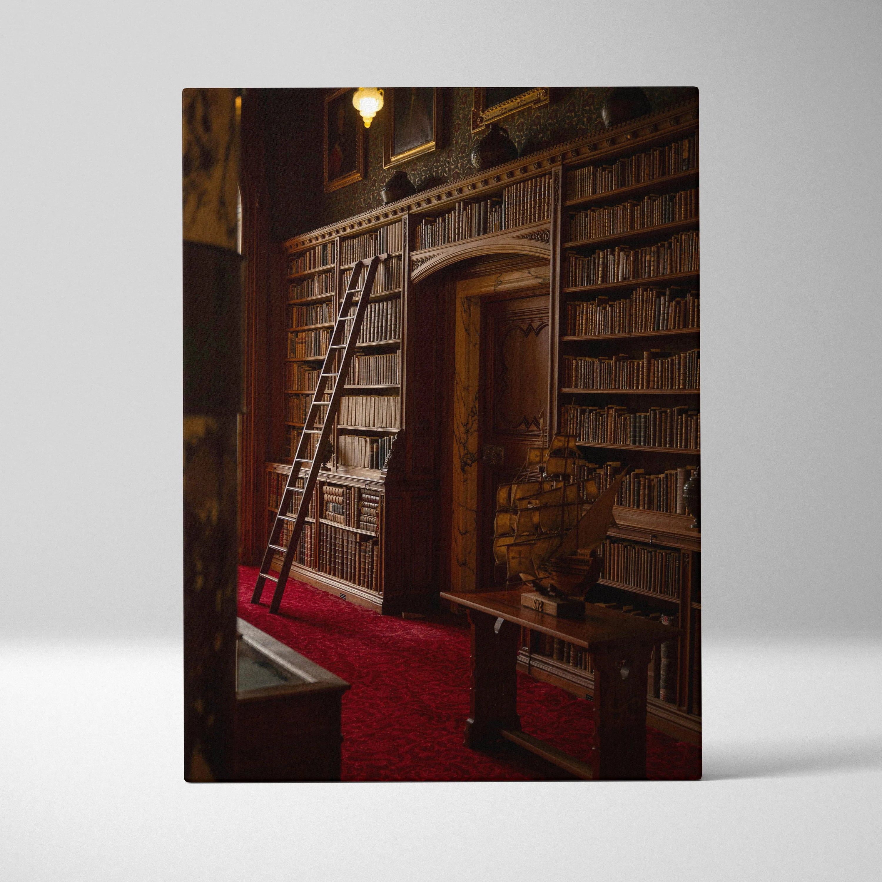 Canvas wall art featuring a dimly lit library with tall wooden bookshelves and a ladder.