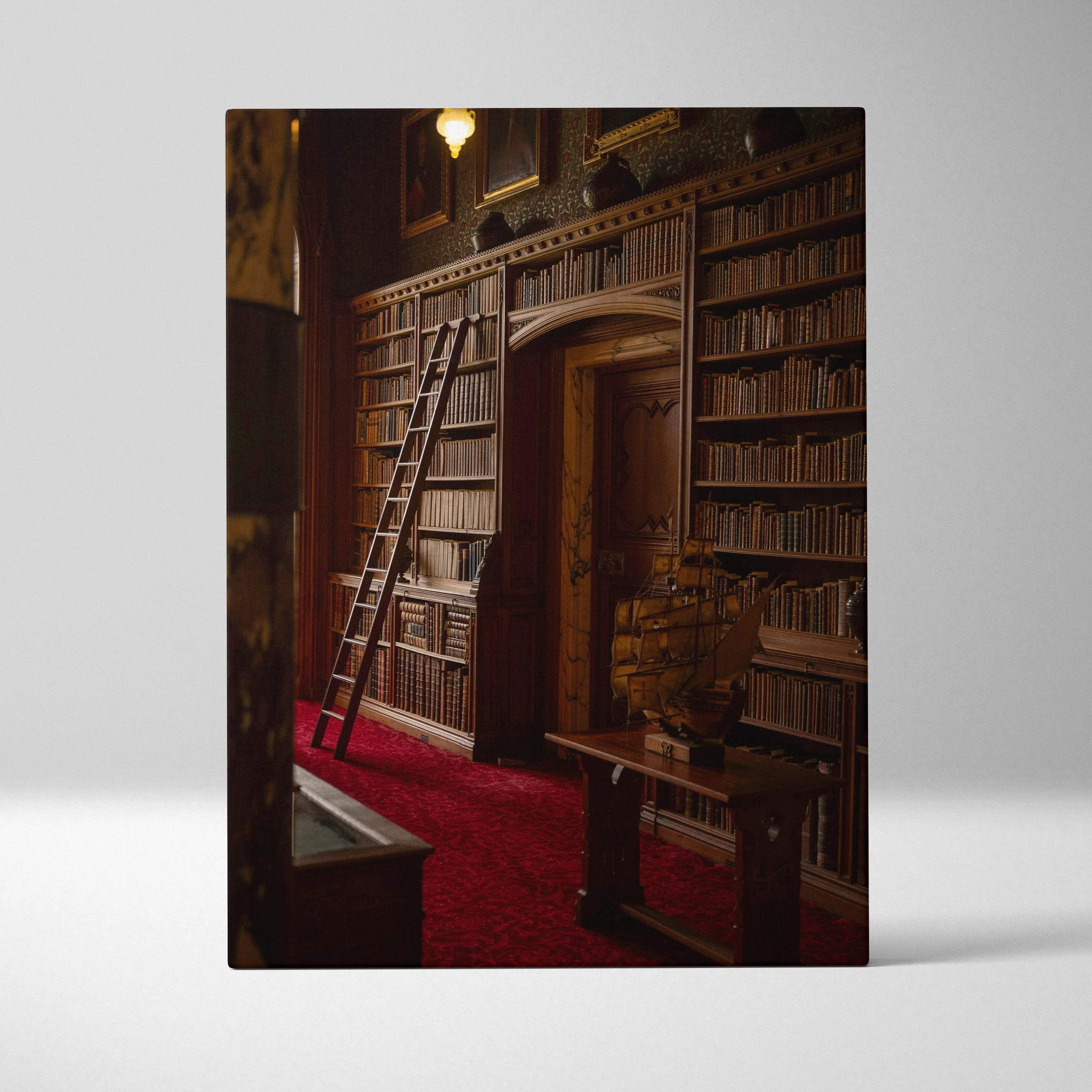 Printed canvas wall art depicting a dimly lit vintage library with wooden bookshelves, red carpet, and antique ladder