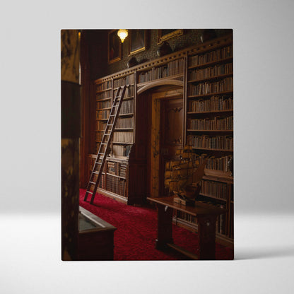 Canvas wall art featuring a dimly lit library with tall wooden bookshelves and a ladder.