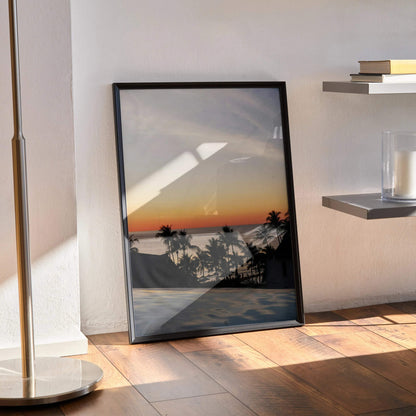 Serene beach sunset poster with palm trees silhouetted against orange sky wall art.
