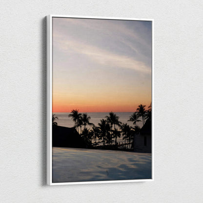 Vivid golden sunset beach scene with palm trees on canvas wall art in vertical format.