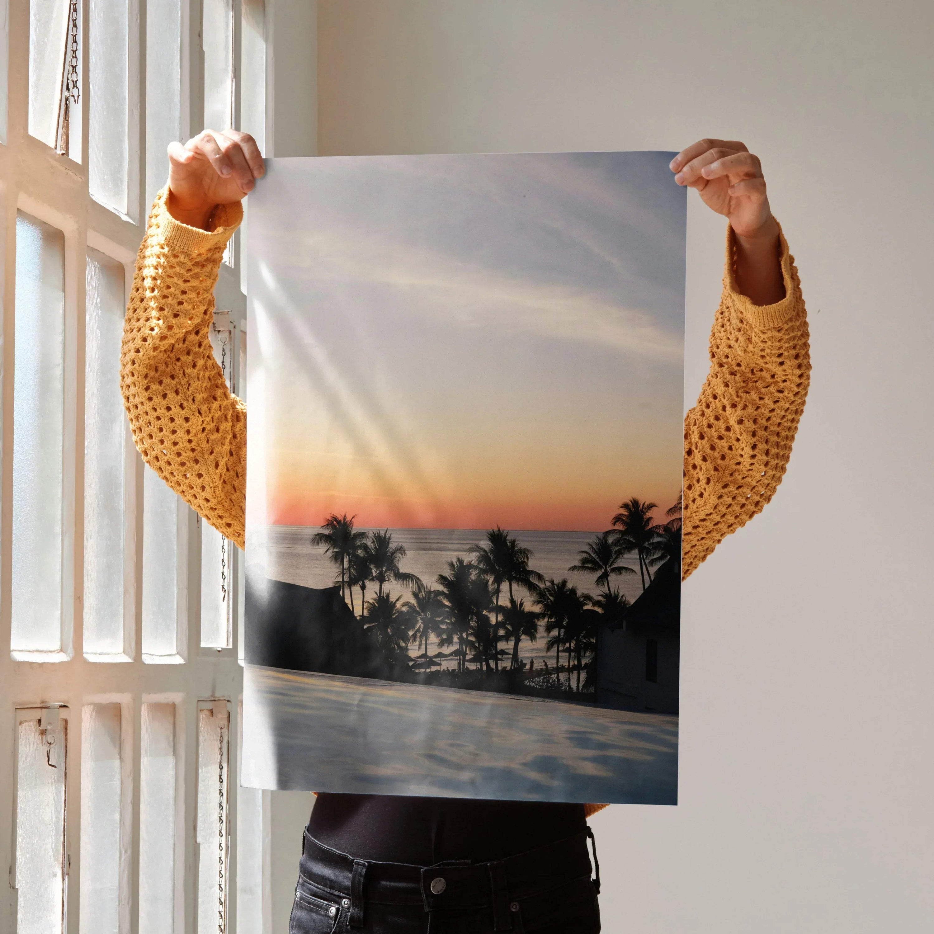 Serene beach sunset poster with palm trees silhouette and colorful sky wall art.