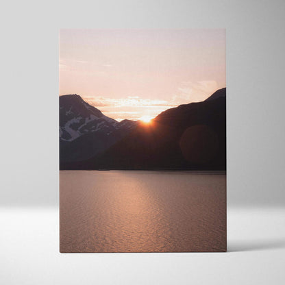 Majestic mountain sunset over calm lake on vertical canvas wall art.