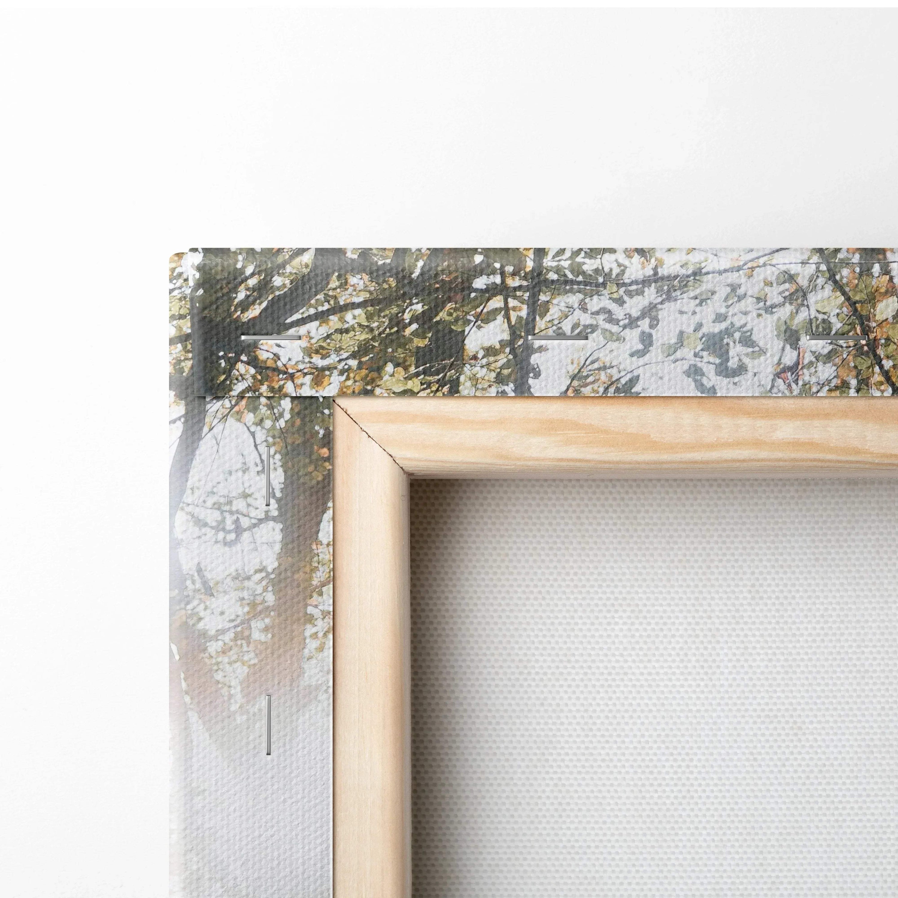 Close-up of vibrant autumn foliage landscape canvas with natural wood frame wall art.