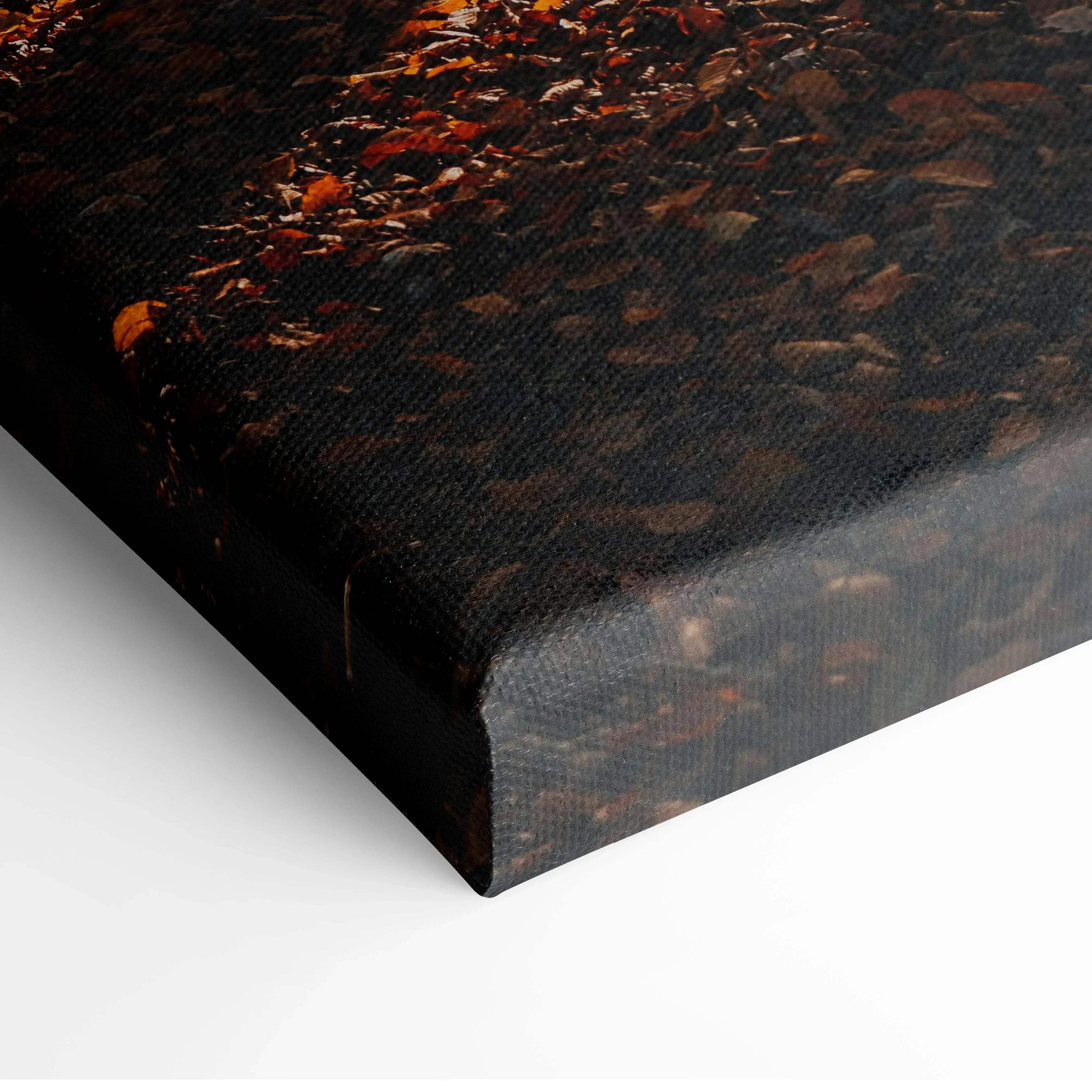 Autumn foliage landscape canvas wall art with warm red and orange tones on stretched frame.