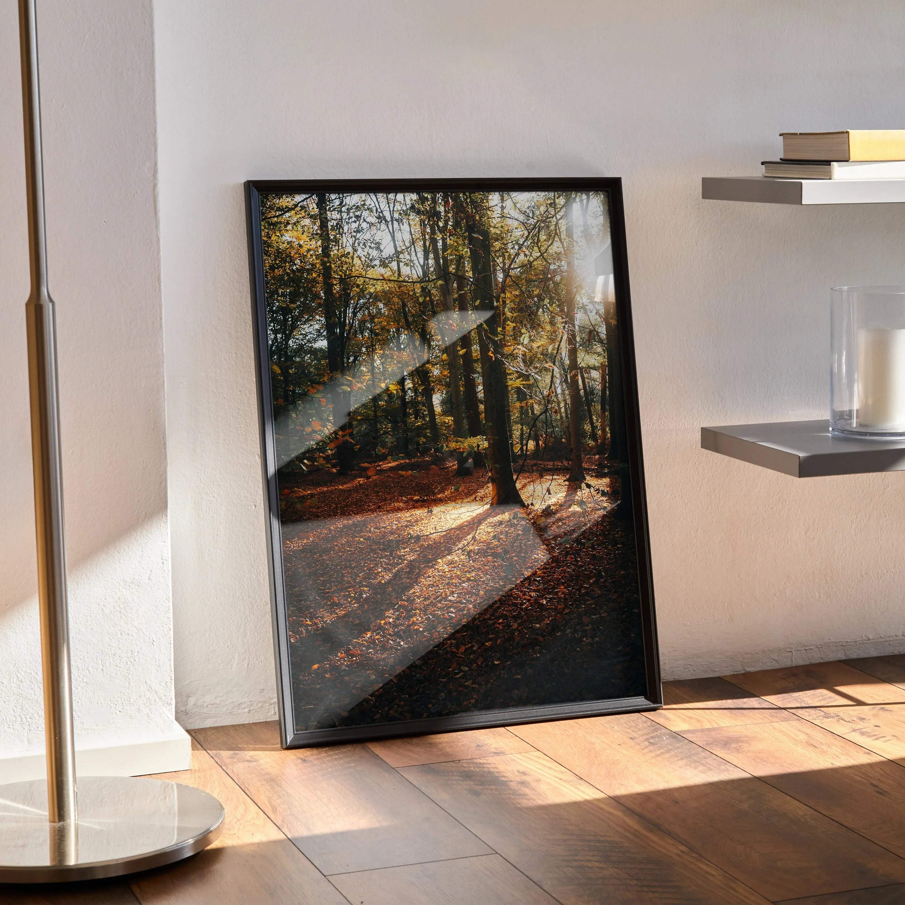 Vertical autumn forest poster with vibrant fall foliage as wall art in a black frame.