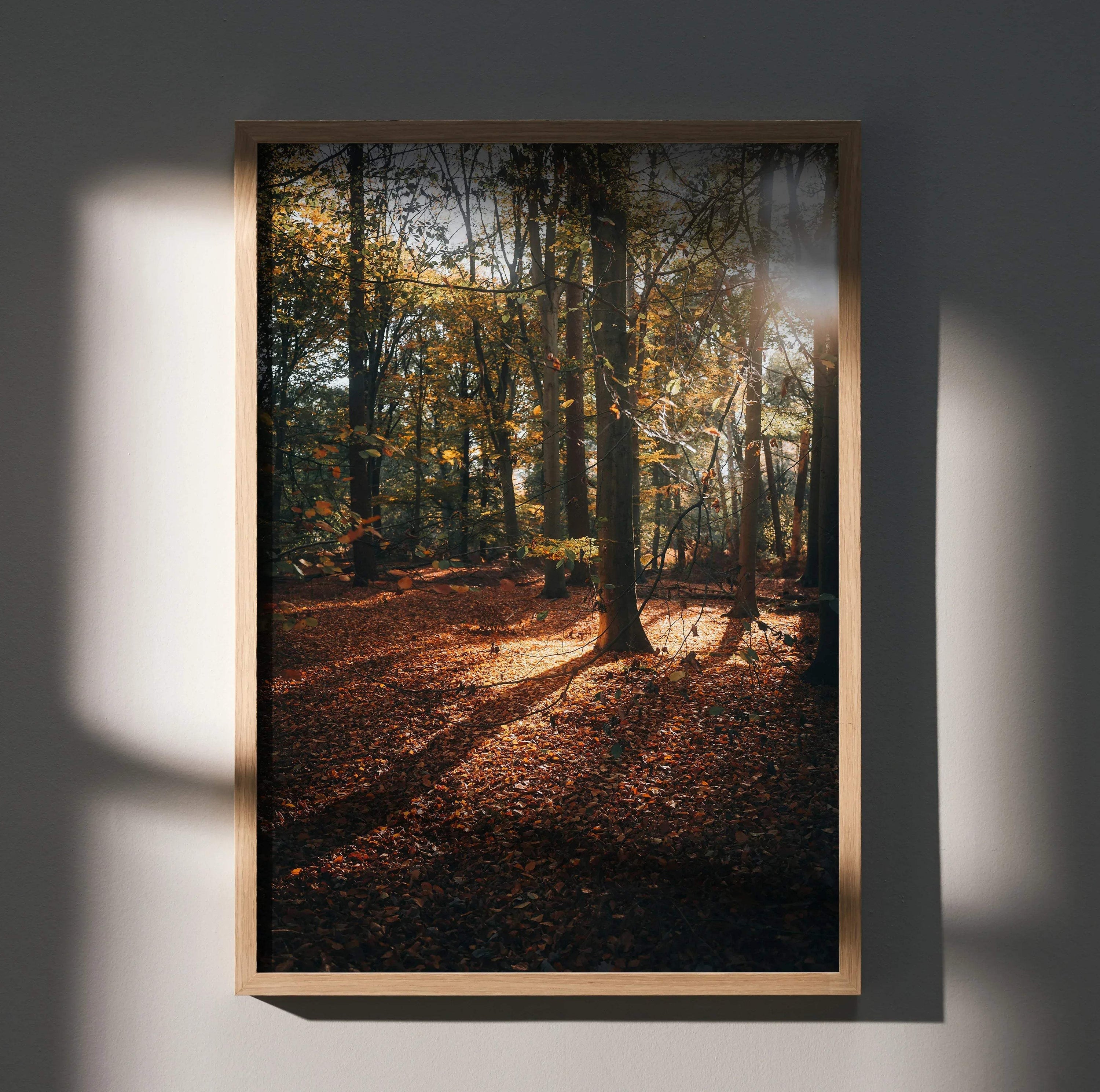 Vertical autumn forest wall art poster with golden leaves and dappled sunlight.