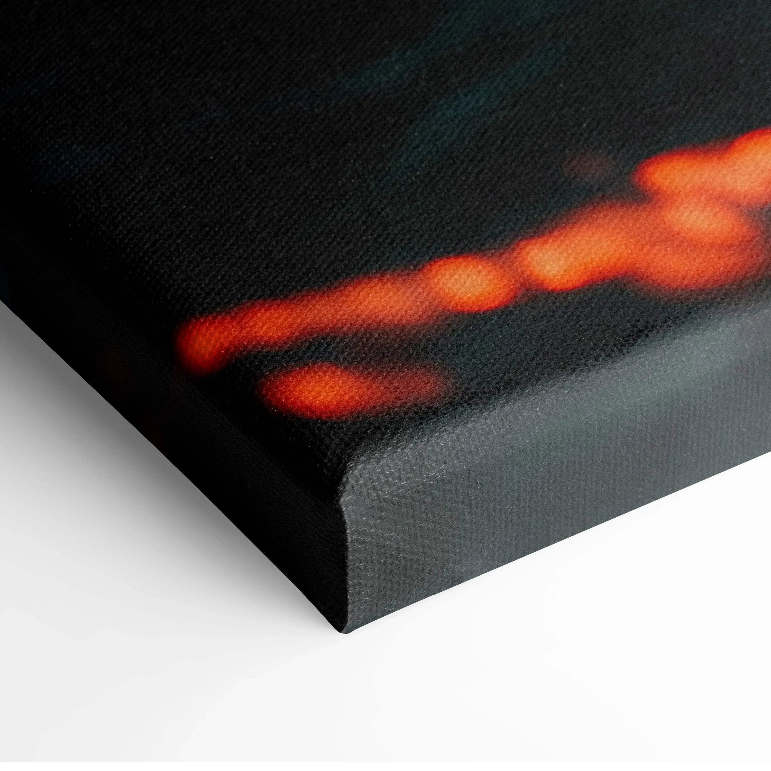 Close-up of canvas wall art corner showing ocean sunset colors with textured surface.