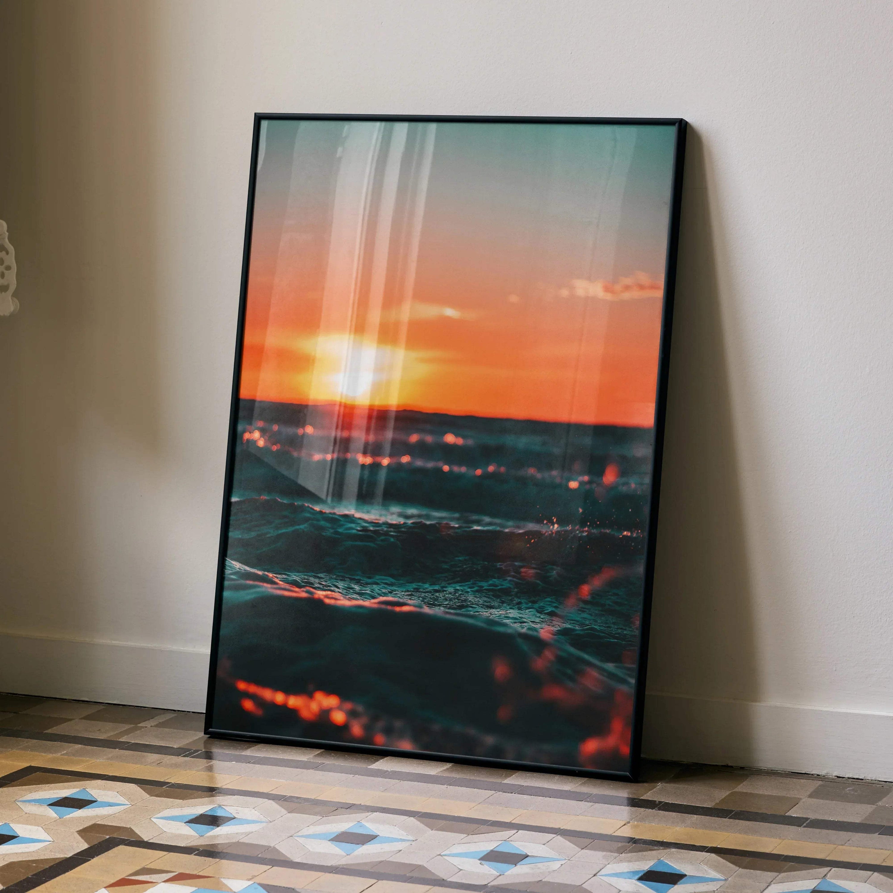 Ocean sunset poster with vibrant waves and glowing sky in vertical wall art frame.