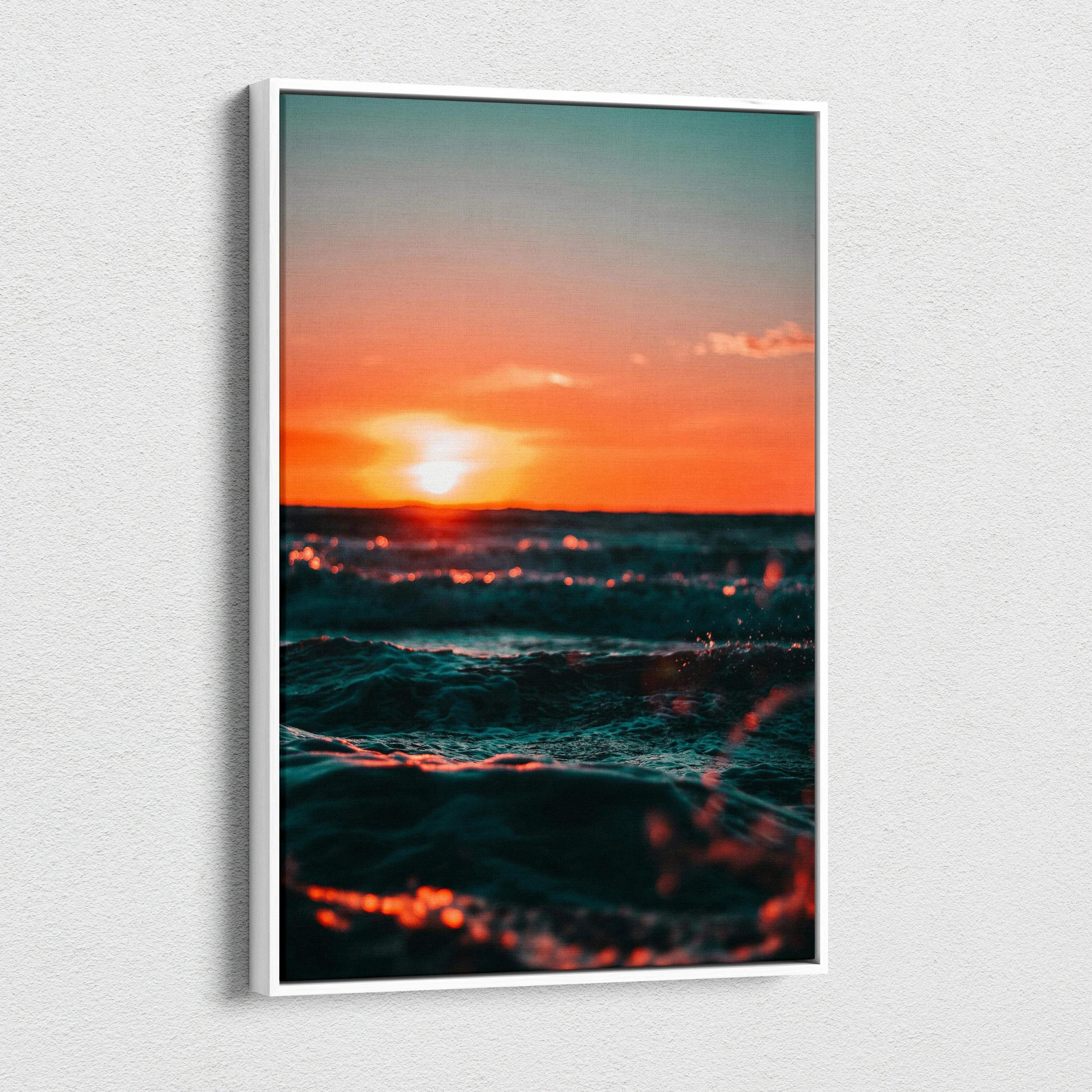 Majestic ocean sunset digital art on vertical canvas wall art with vibrant orange and teal waves.