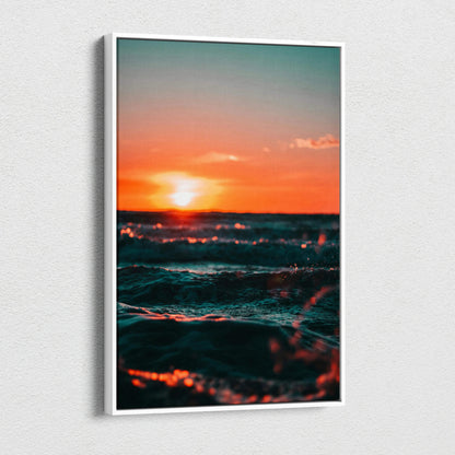 Majestic ocean sunset digital art on vertical canvas wall art with vibrant orange and teal waves.