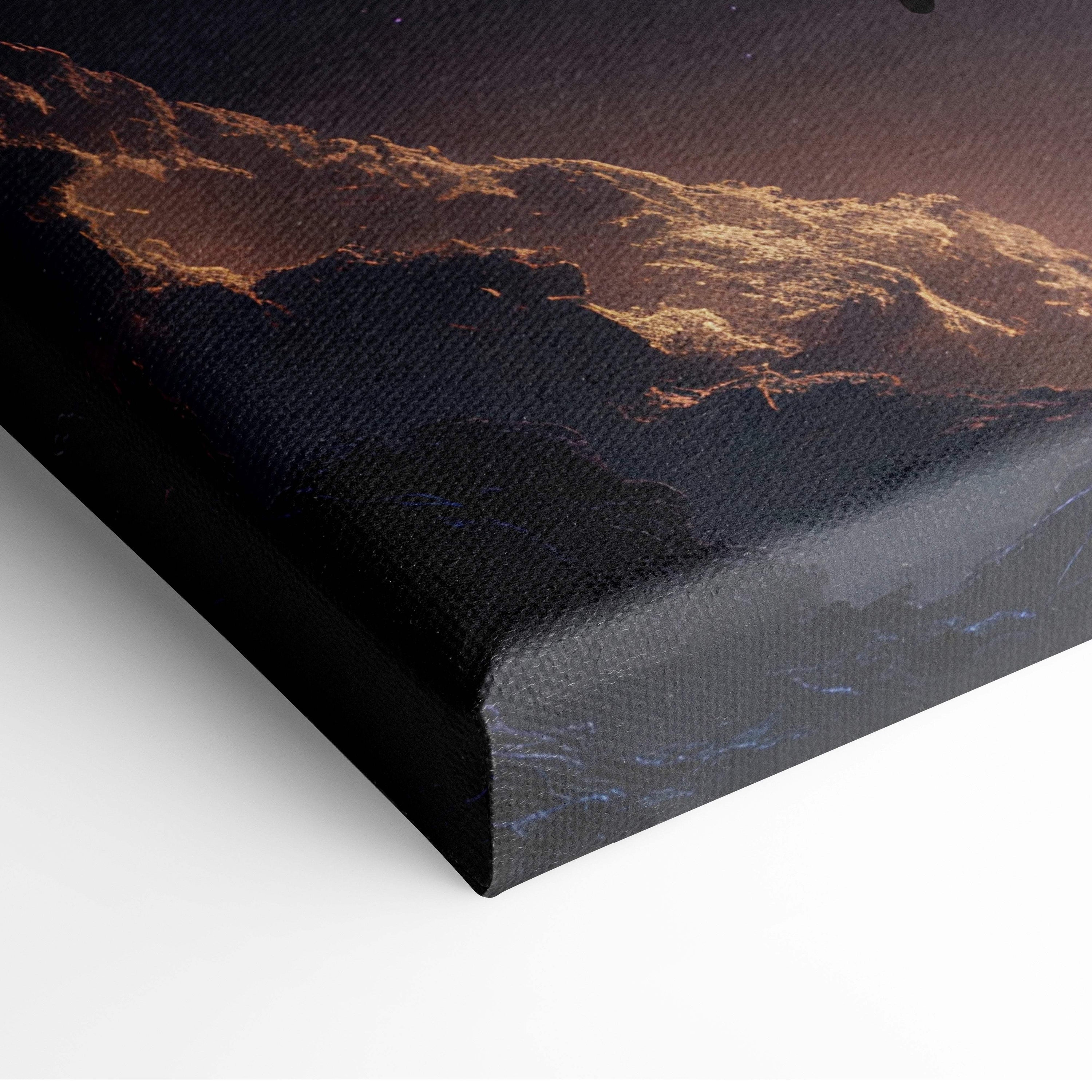 Black canvas print featuring a dramatic mountain landscape with golden orange lighting for wall art decor