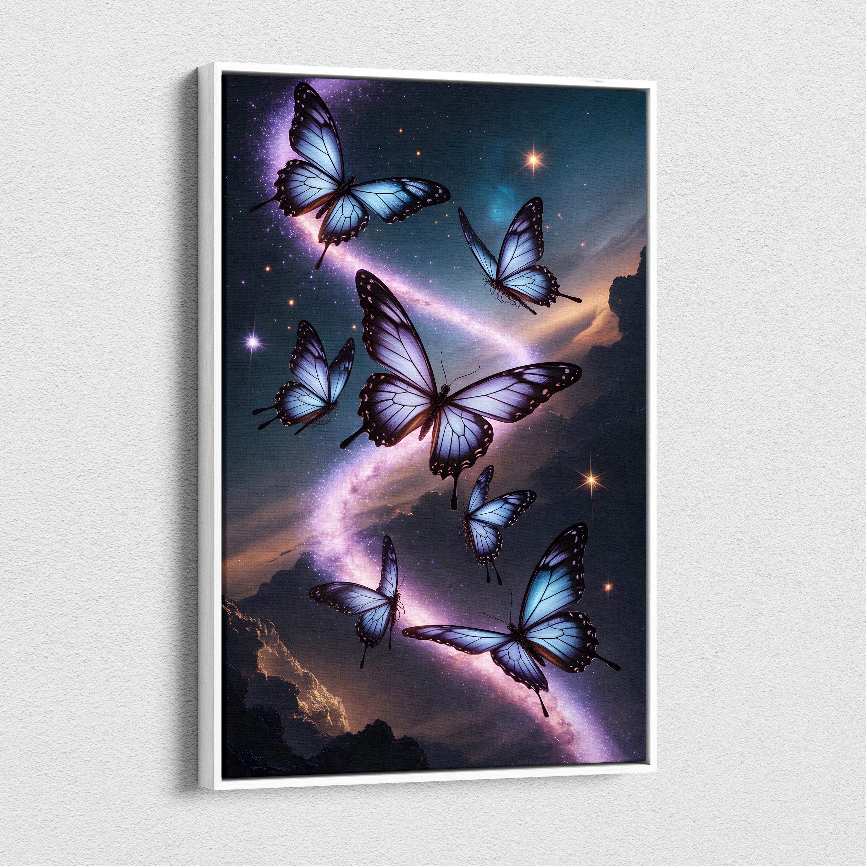 A framed canvas print of blue and purple butterflies flying in a celestial night sky with cosmic nebula artwork