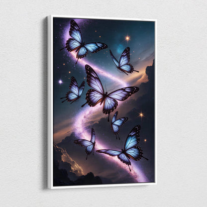 A framed canvas print of blue and purple butterflies flying in a celestial night sky with cosmic nebula artwork