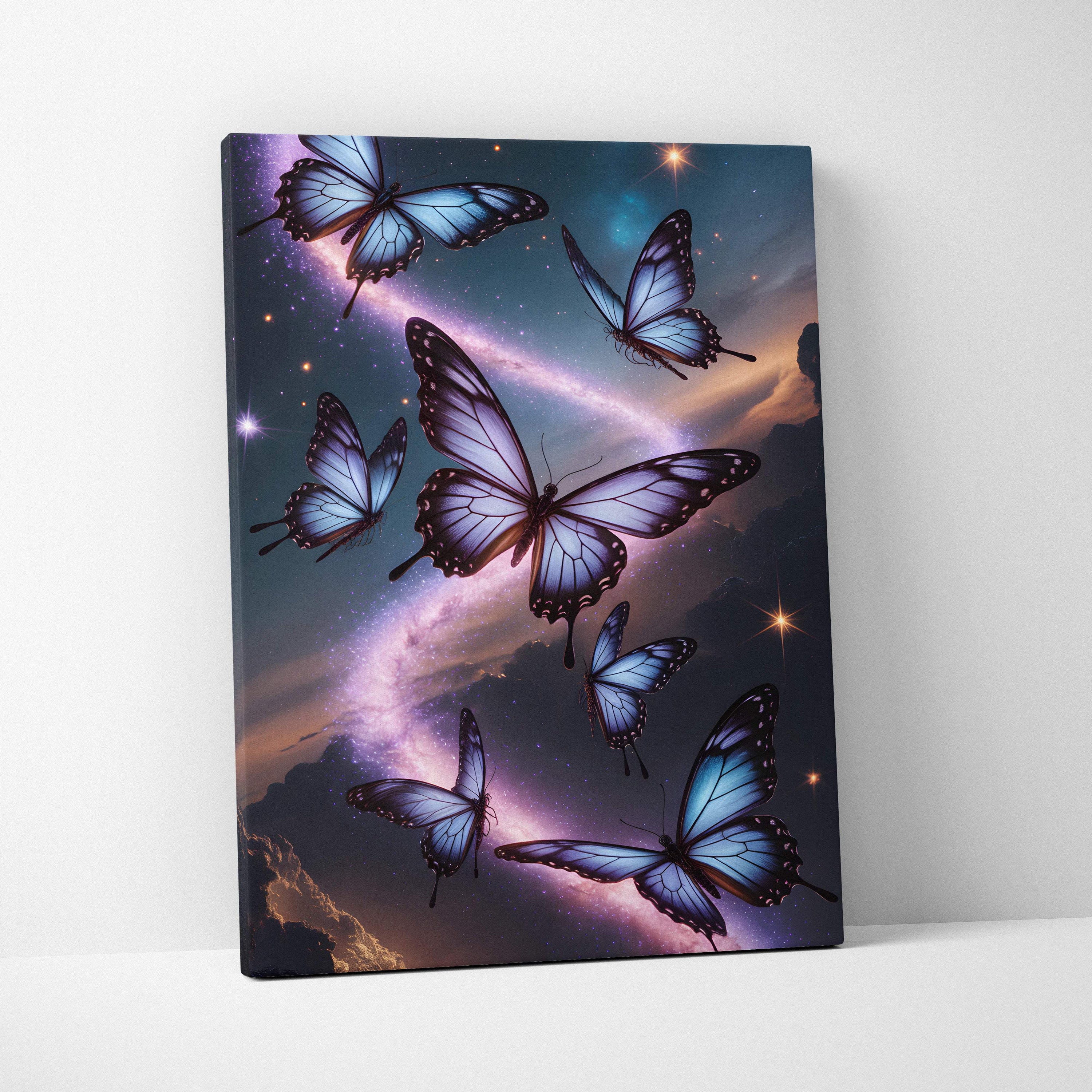 Blue purple butterfly canvas wall art featuring celestial night sky with starry cosmic backdrop for bedroom decor