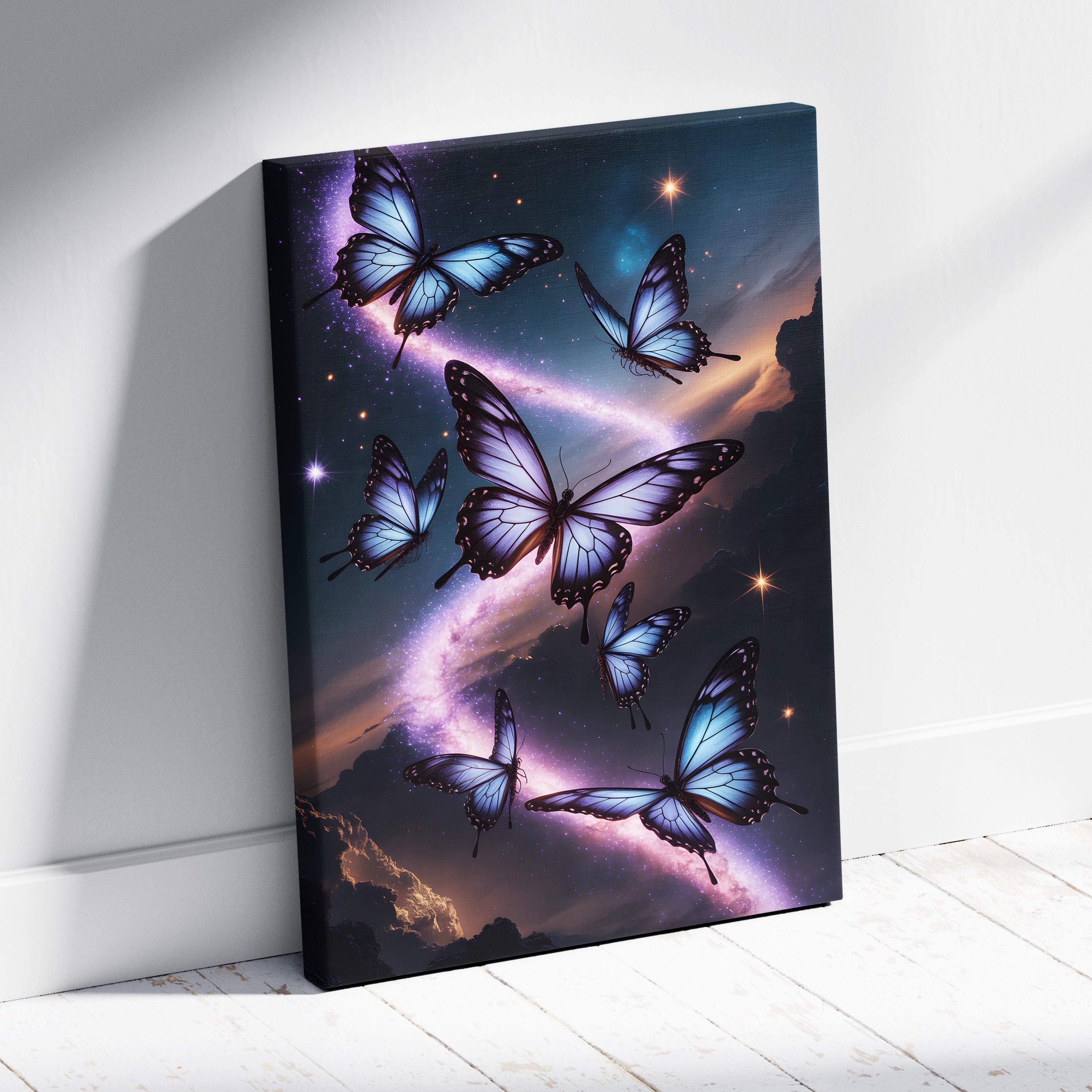 A rectangular canvas print with vibrant blue butterflies outlined in black against a purple cosmic night sky background