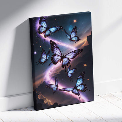 A rectangular canvas print with vibrant blue butterflies outlined in black against a purple cosmic night sky background