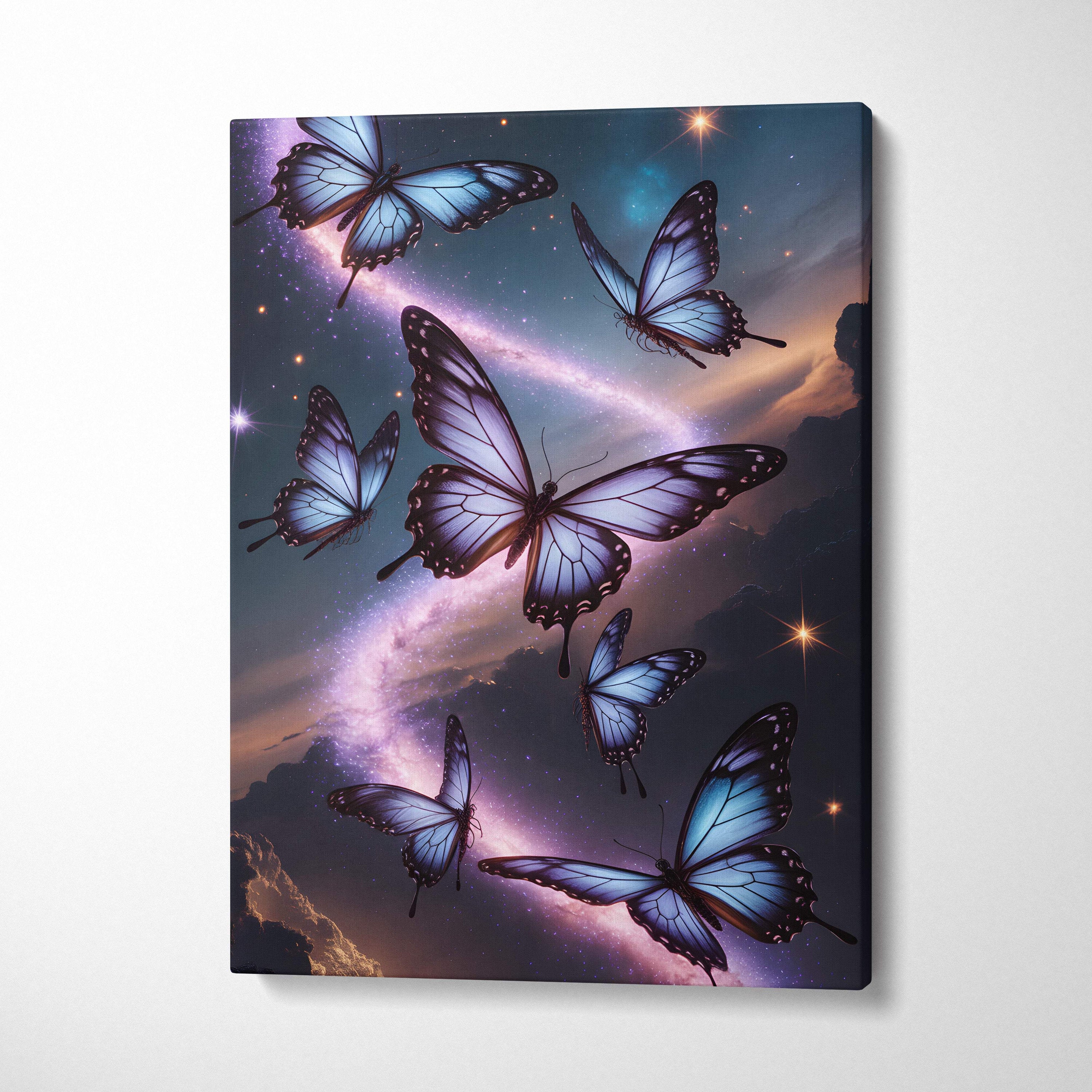 Blue purple butterfly canvas wall art with blue butterflies flying in a celestial night sky for bedroom decor
