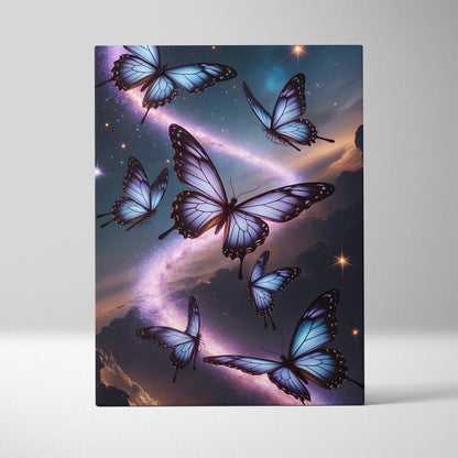 Blue purple butterfly canvas wall art featuring celestial night sky with starry cosmic backdrop for bedroom decor