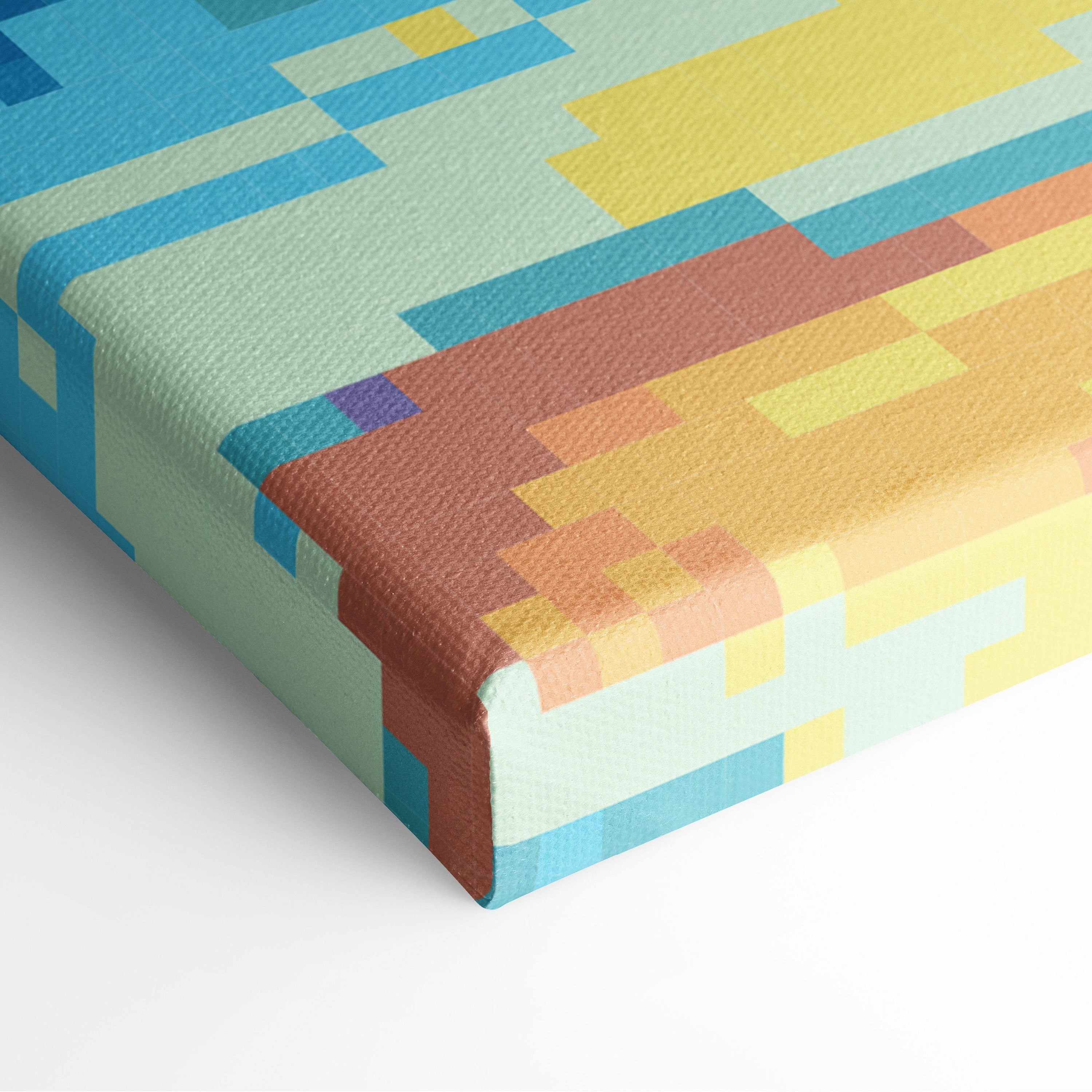 A vibrant pixel art canvas print with bold teal yellow orange and brown geometric patterns for tropical beach decor