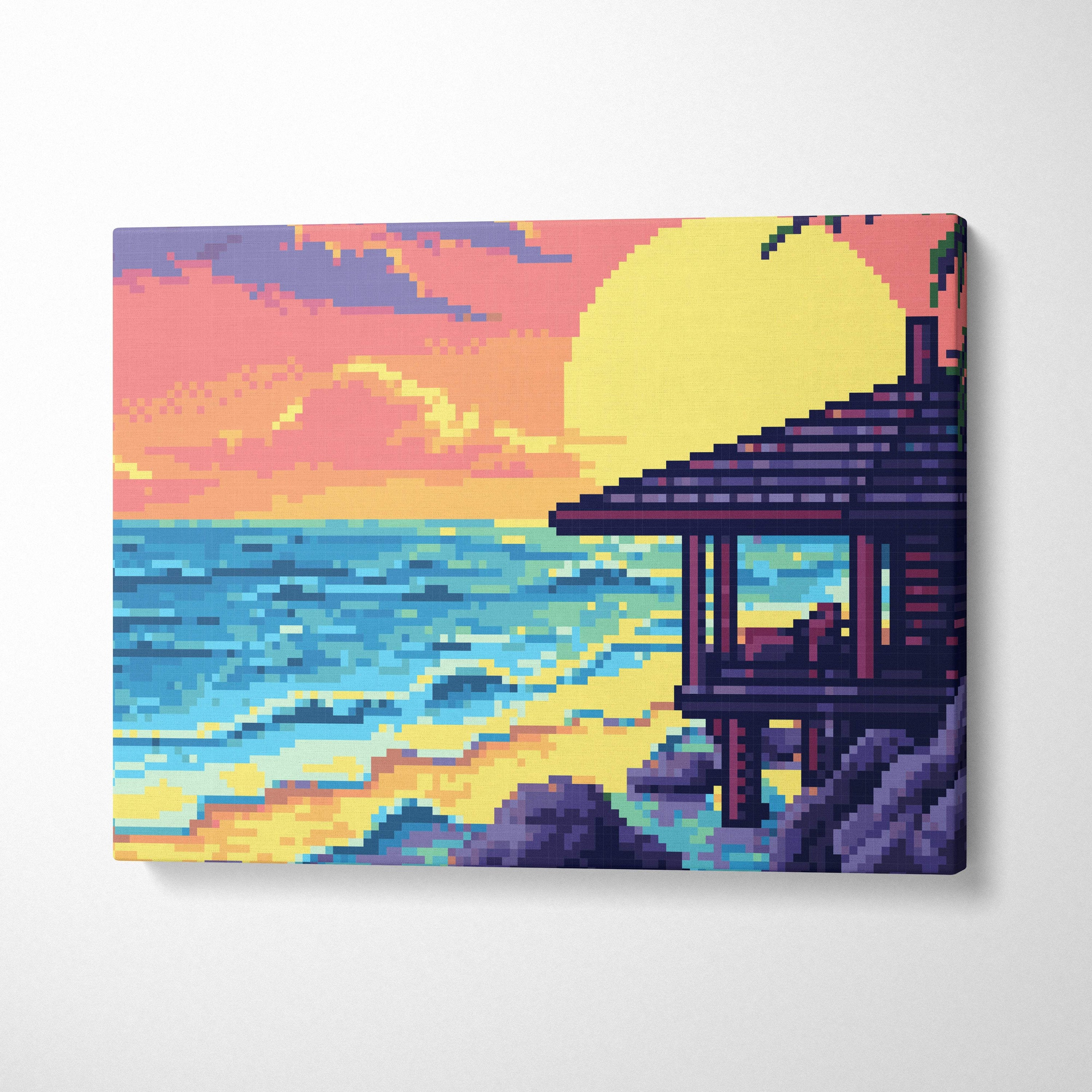 Pixel art canvas print of a vibrant sunset over blue ocean with wooden gazebo on rocky shores tropical beach decor