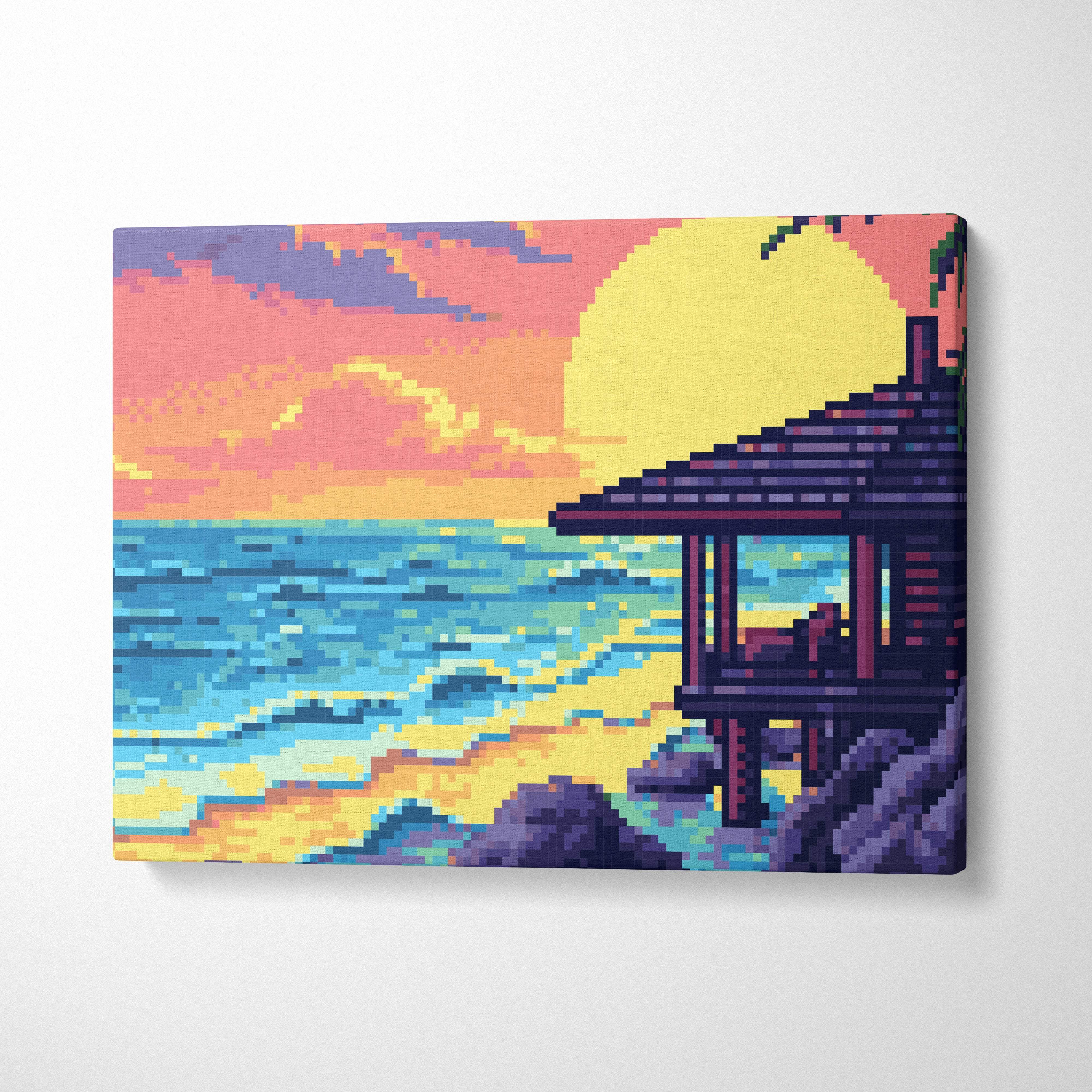 Pixel art canvas print of a vibrant sunset over blue ocean with wooden gazebo on rocky shores tropical beach decor
