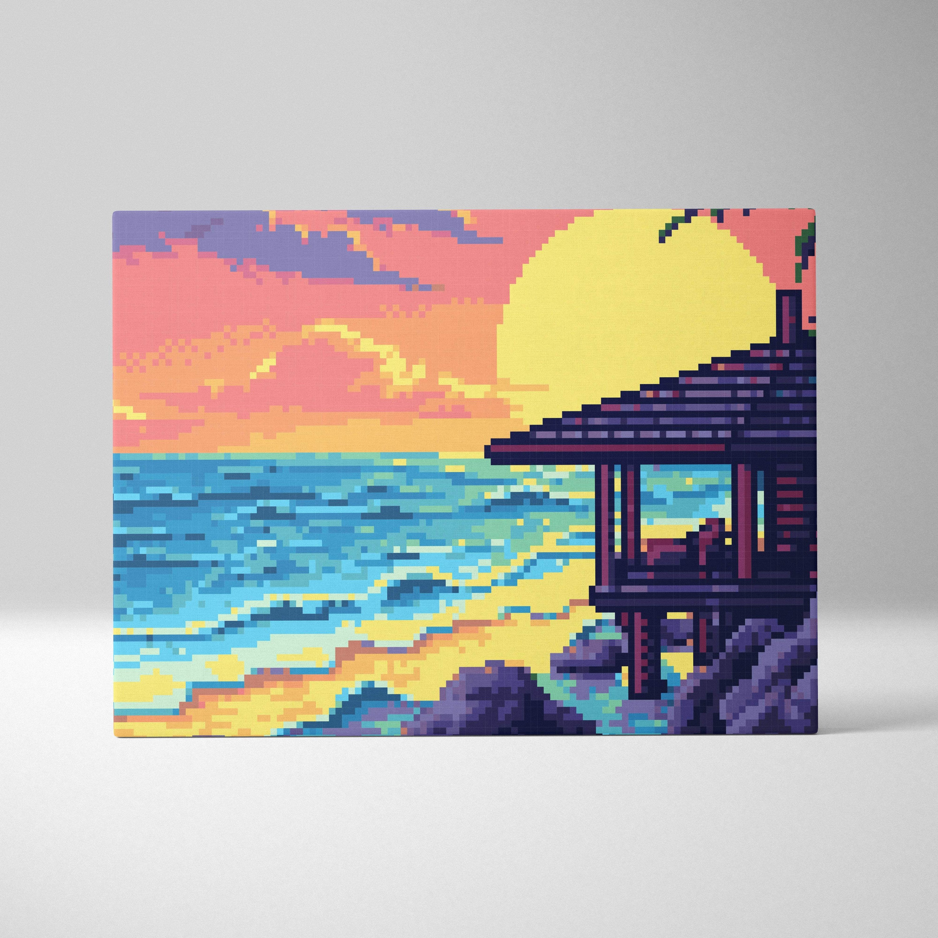 Tropical beach pixel art canvas print featuring a vibrant sunset over blue ocean with wooden gazebo on rocky shores
