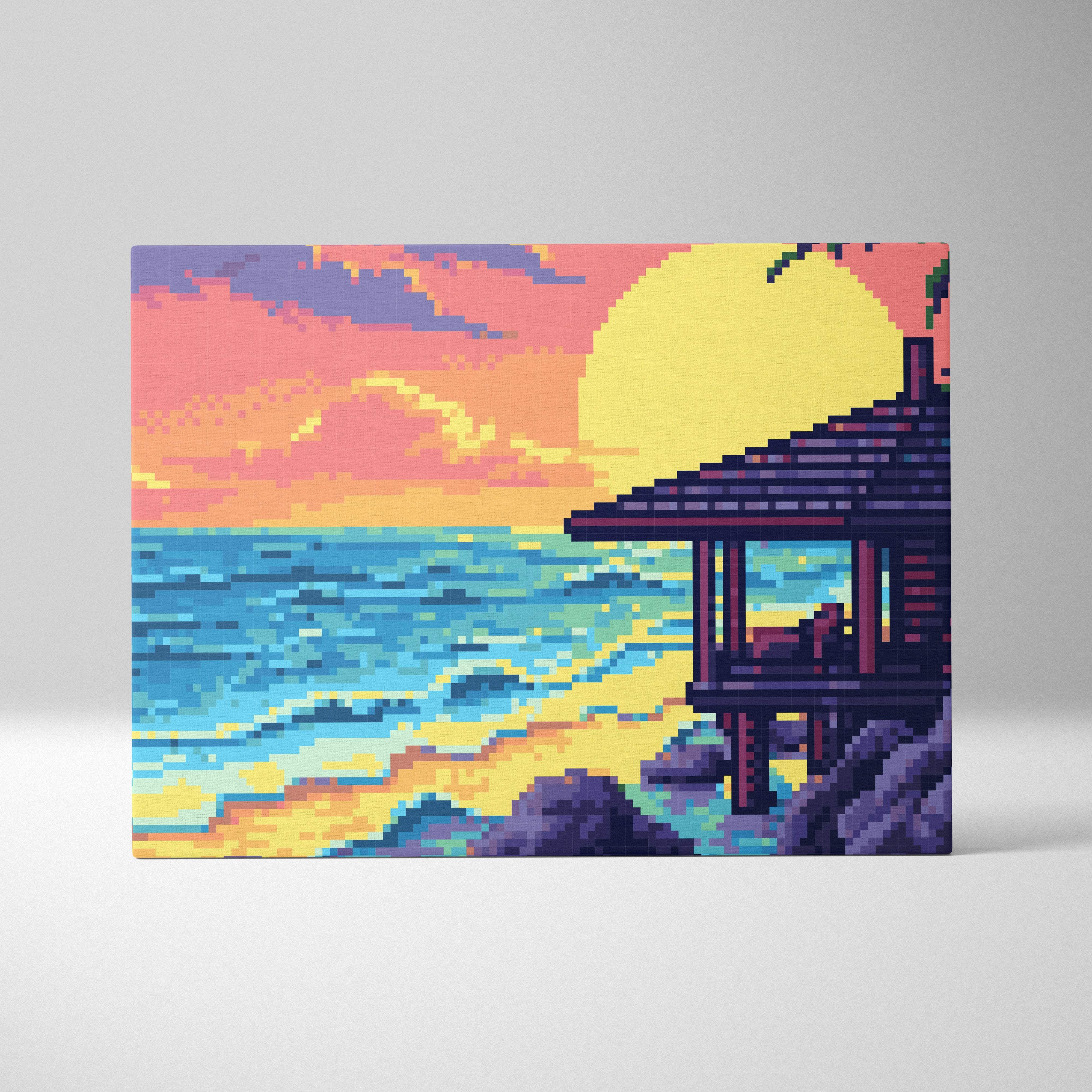 Tropical beach pixel art canvas print featuring a vibrant sunset over blue ocean with wooden gazebo on rocky shores
