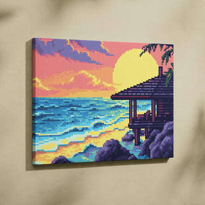 Tropical beach pixel art canvas print featuring a vibrant sunset over blue ocean with wooden pavilion on rocky shore