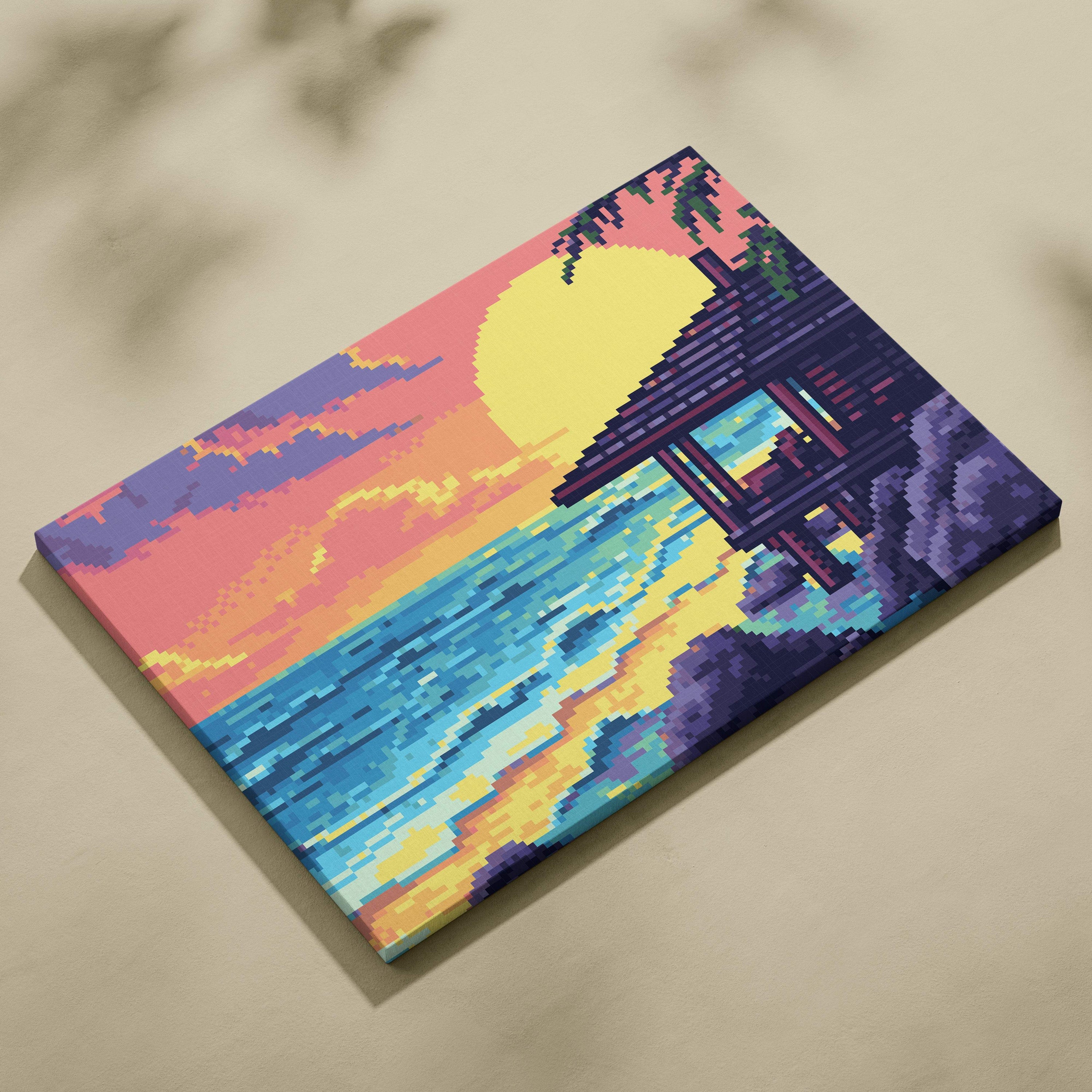 A vibrant pixel art canvas print of a sunset over the ocean with a japanese torii gate in bold coastal hues