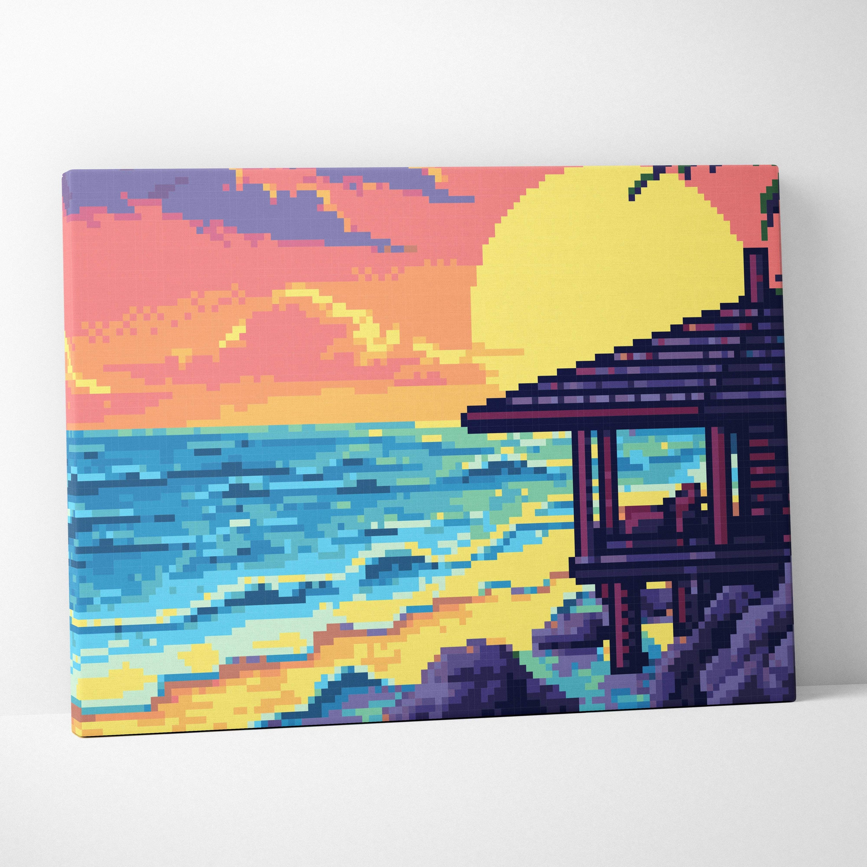Tropical beach pixel art canvas print showing a vibrant sunset over blue ocean with wooden gazebo on rocky shores