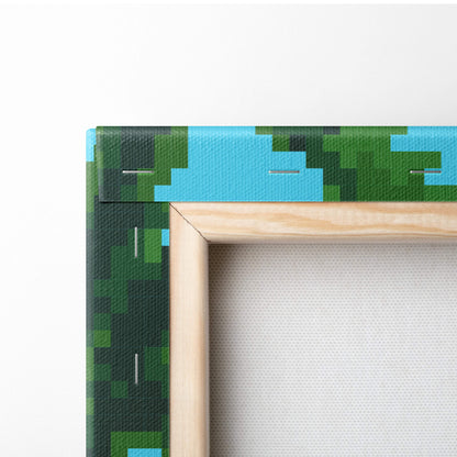 Tropical beach pixel art canvas print featuring pixelated green and blue foliage framed in light wood for coastal decor