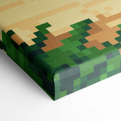 Pixelated canvas print featuring minecraft-style grass and dirt block pattern in shades of green brown and beige