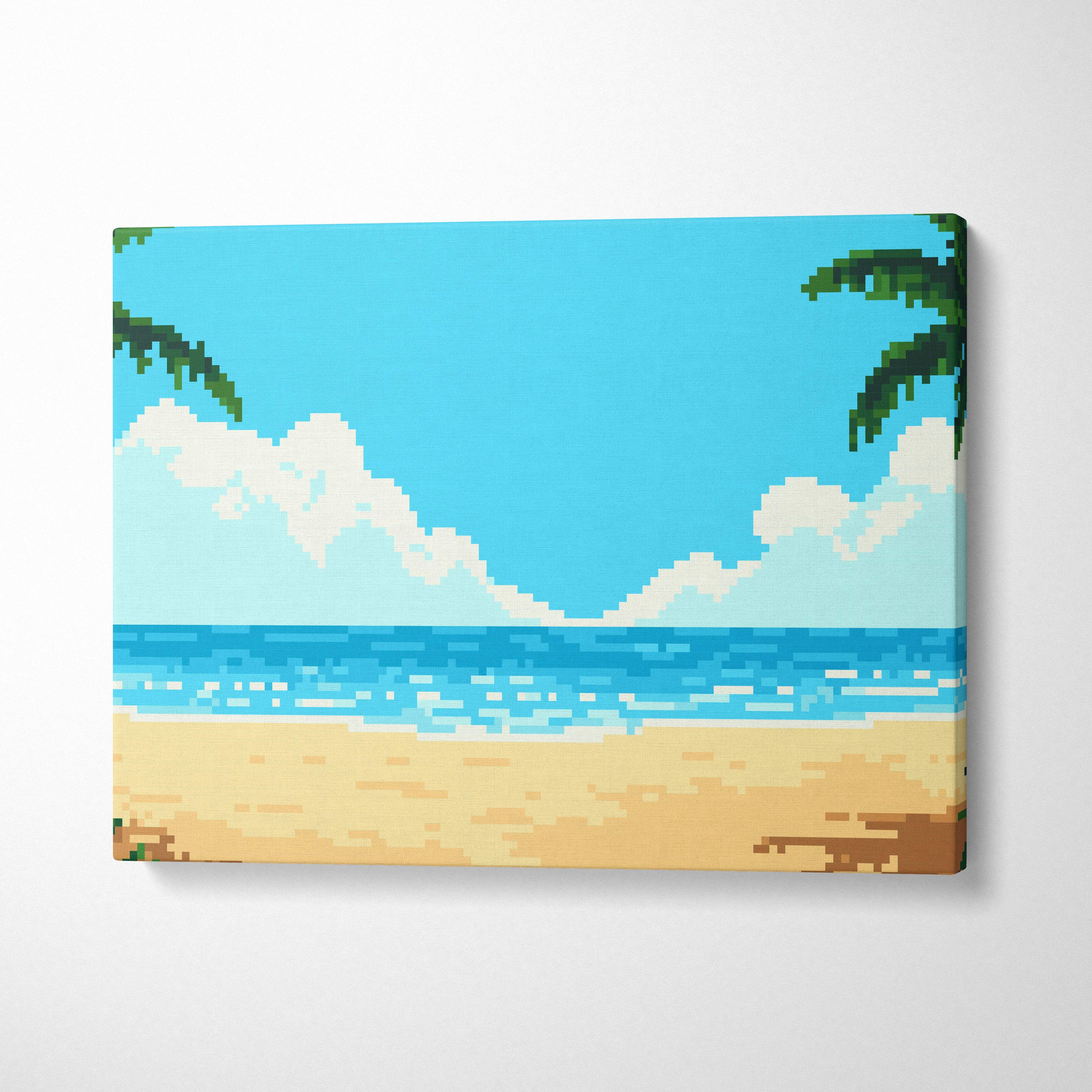 Tropical beach pixel art canvas print featuring vibrant turquoise ocean sandy shore and green palm fronds on bright blue sky
