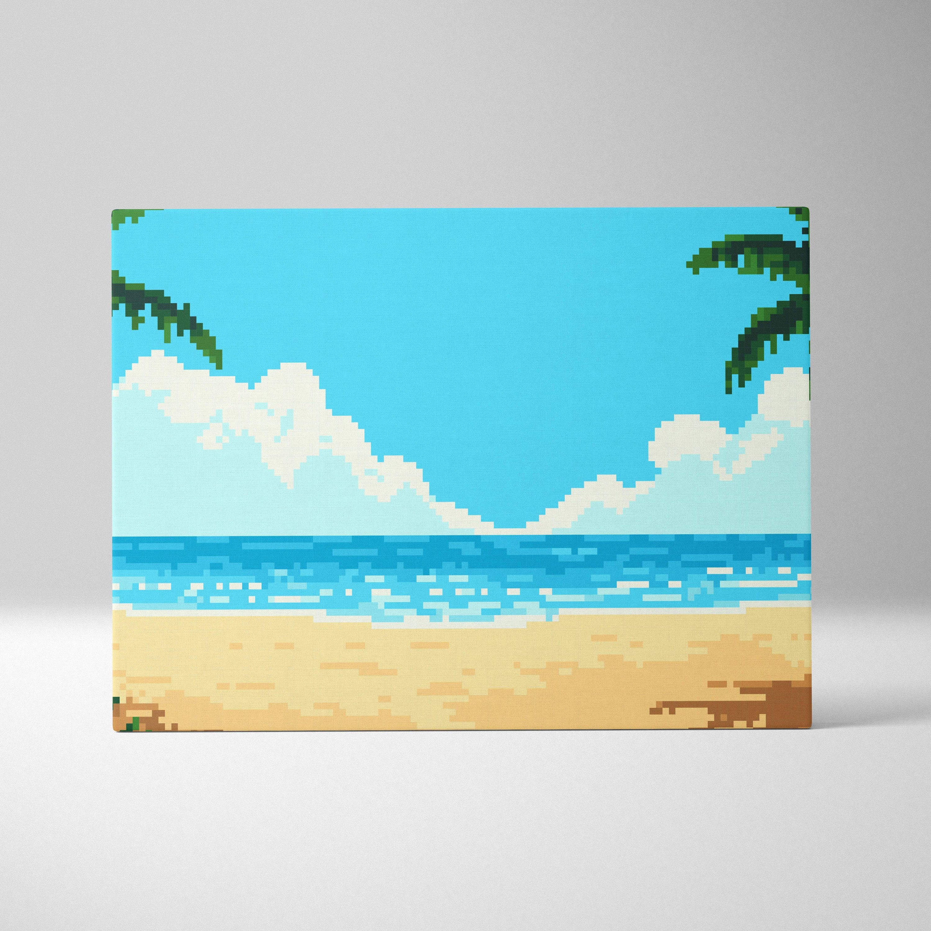 Tropical beach pixel art canvas print with vibrant turquoise ocean sandy shore and green palm fronds on blue sky