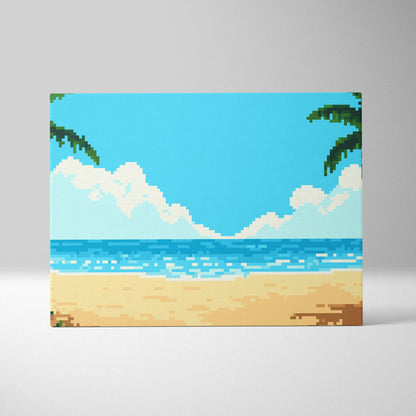 Tropical beach pixel art canvas print with vibrant turquoise ocean sandy shore and green palm fronds on blue sky