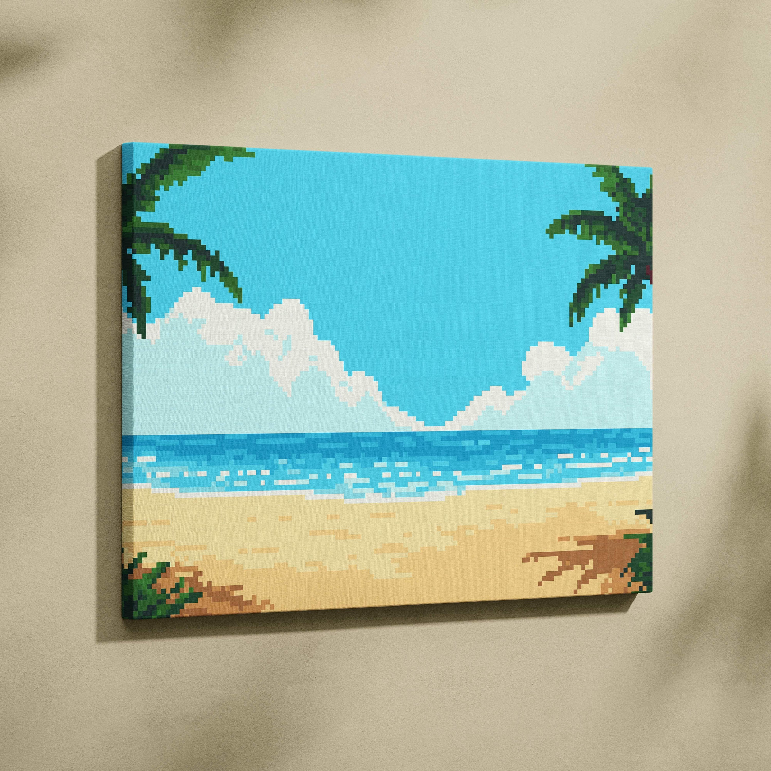 Tropical beach pixel art canvas print with vibrant turquoise sky white clouds sandy shore and green palm fronds