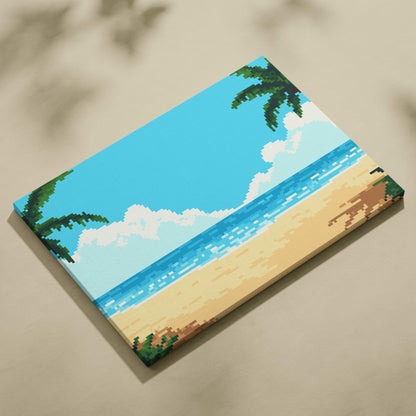 Tropical beach pixel art canvas print featuring vibrant blue sky turquoise ocean and palm tree coastal decor