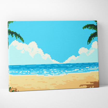 Tropical beach pixel art canvas print with vibrant blue sky turquoise ocean waves and green palm fronds wall art