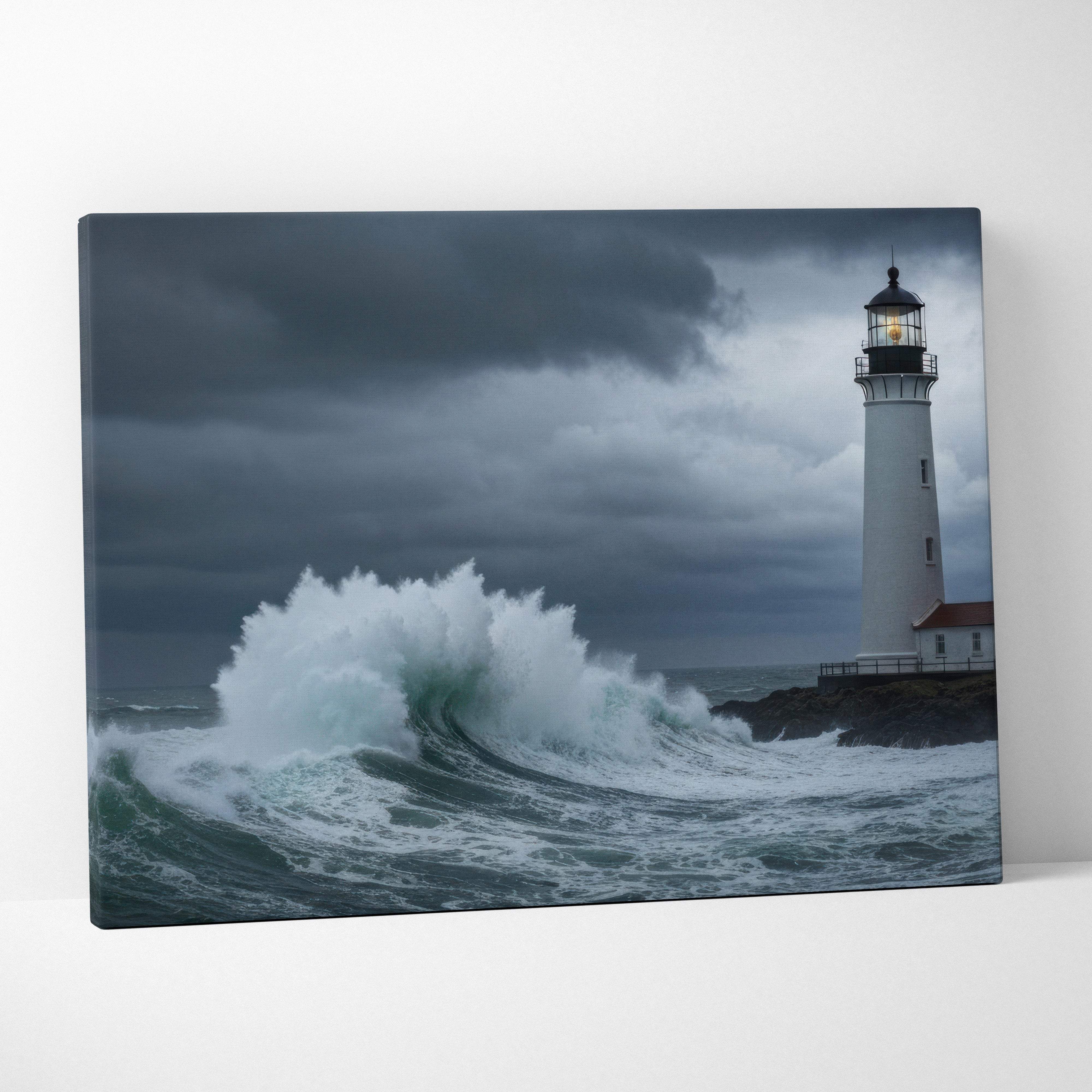 Stormy lighthouse ocean canvas art featuring a white lighthouse with black lantern against dark clouds and crashing waves