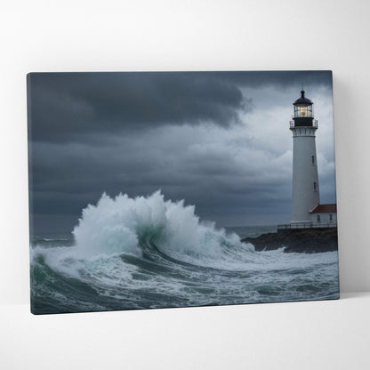 Stormy lighthouse ocean canvas art featuring a white lighthouse with black lantern against dark clouds and crashing waves