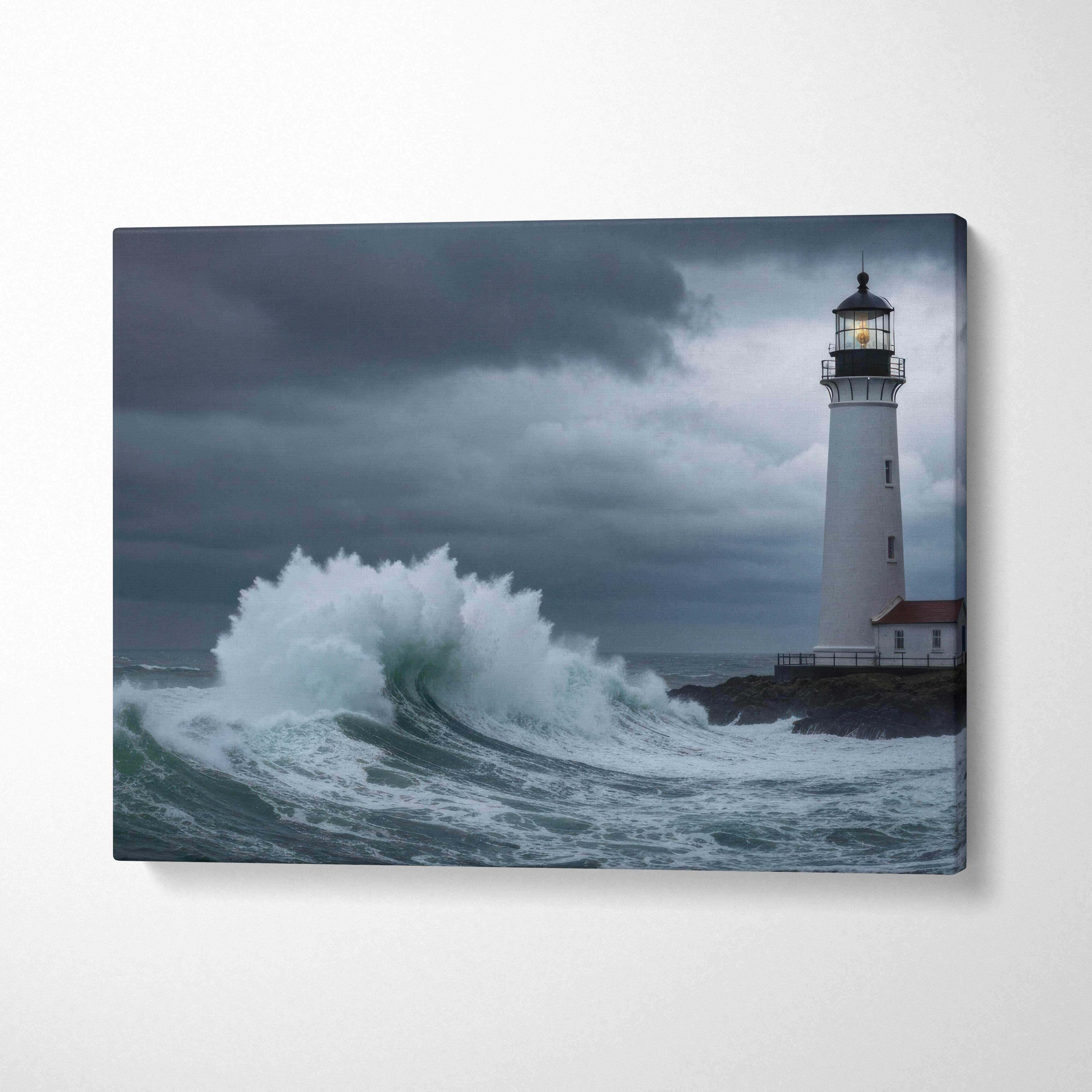 Stormy lighthouse ocean canvas art shows a white lighthouse with a black lantern glowing against dark clouds and waves