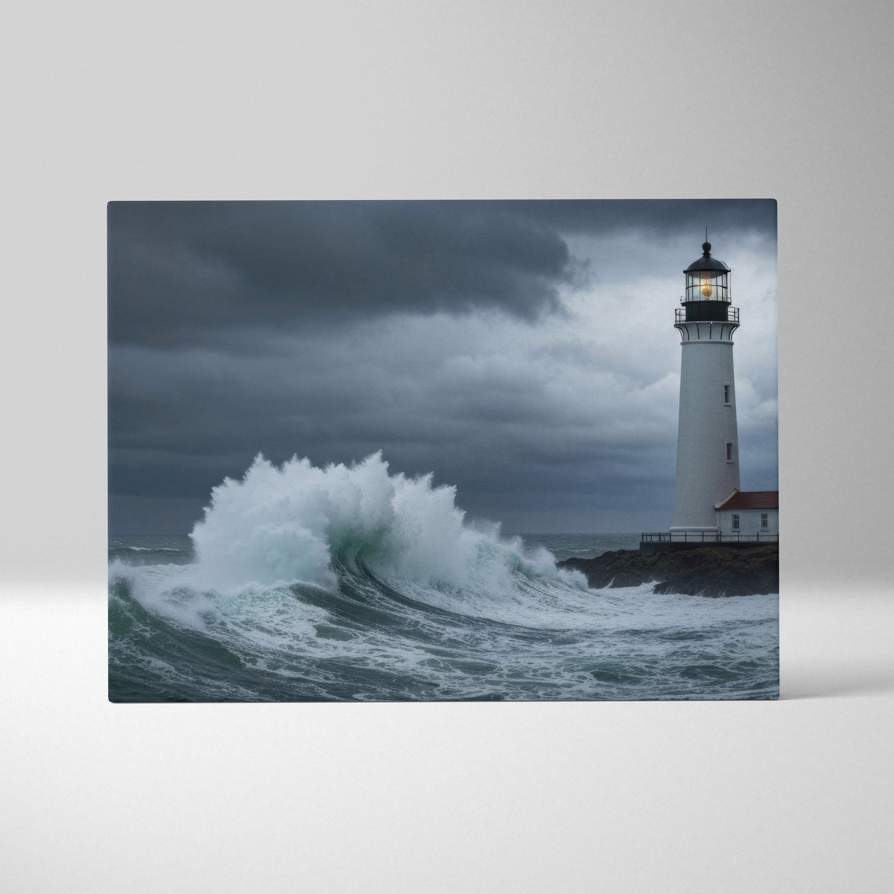 Stormy lighthouse ocean canvas art featuring a white lighthouse with black lantern room and red roof against dark moody sky