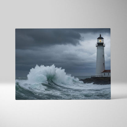 Stormy lighthouse ocean canvas art featuring a white lighthouse with black lantern room and red roof against dark moody sky