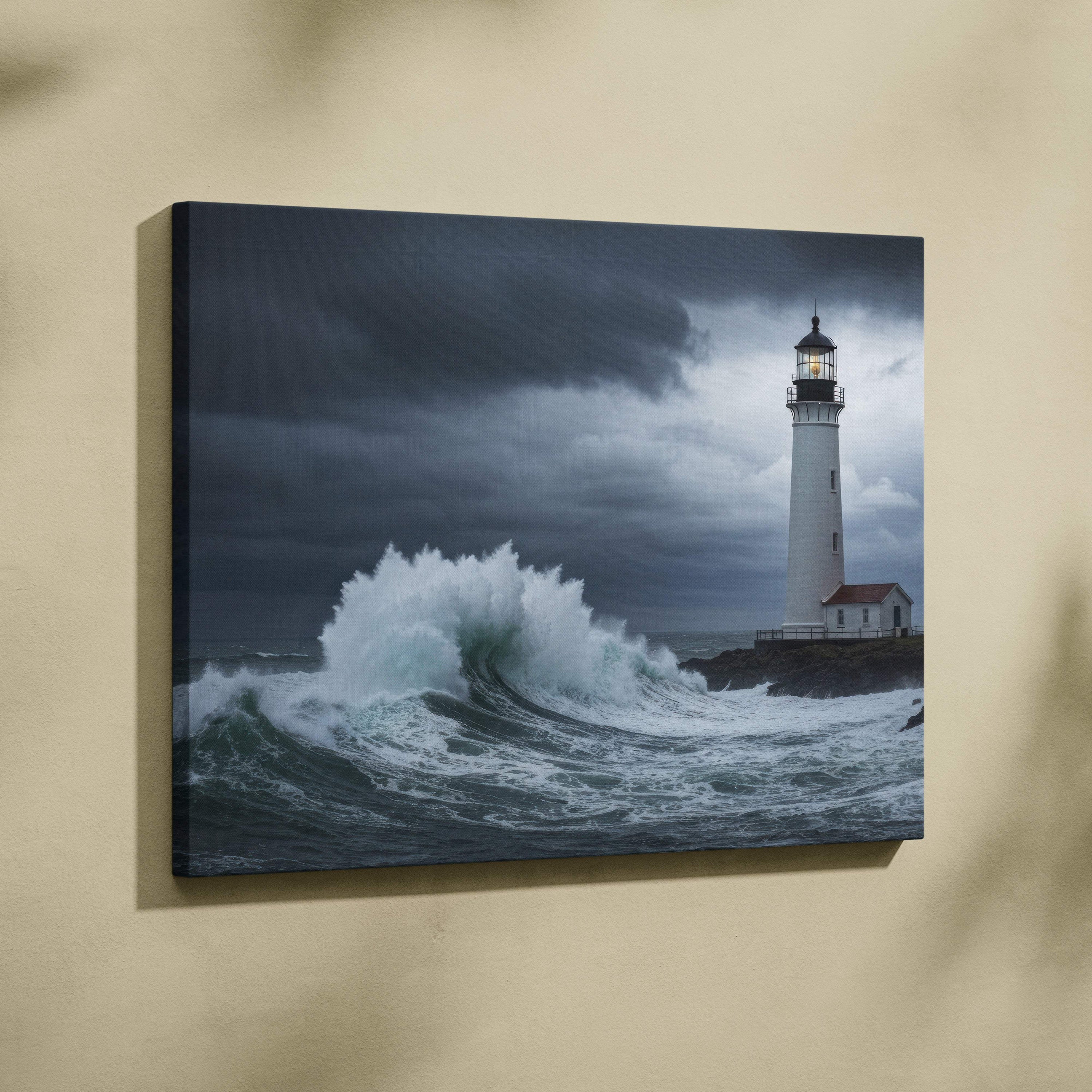 White lighthouse canvas print with dark moody sky and crashing ocean waves dramatic coastal seascape wall decor